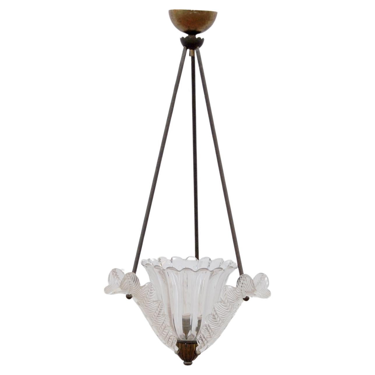 Brass and Murano glass chandelier, 1940s  For Sale
