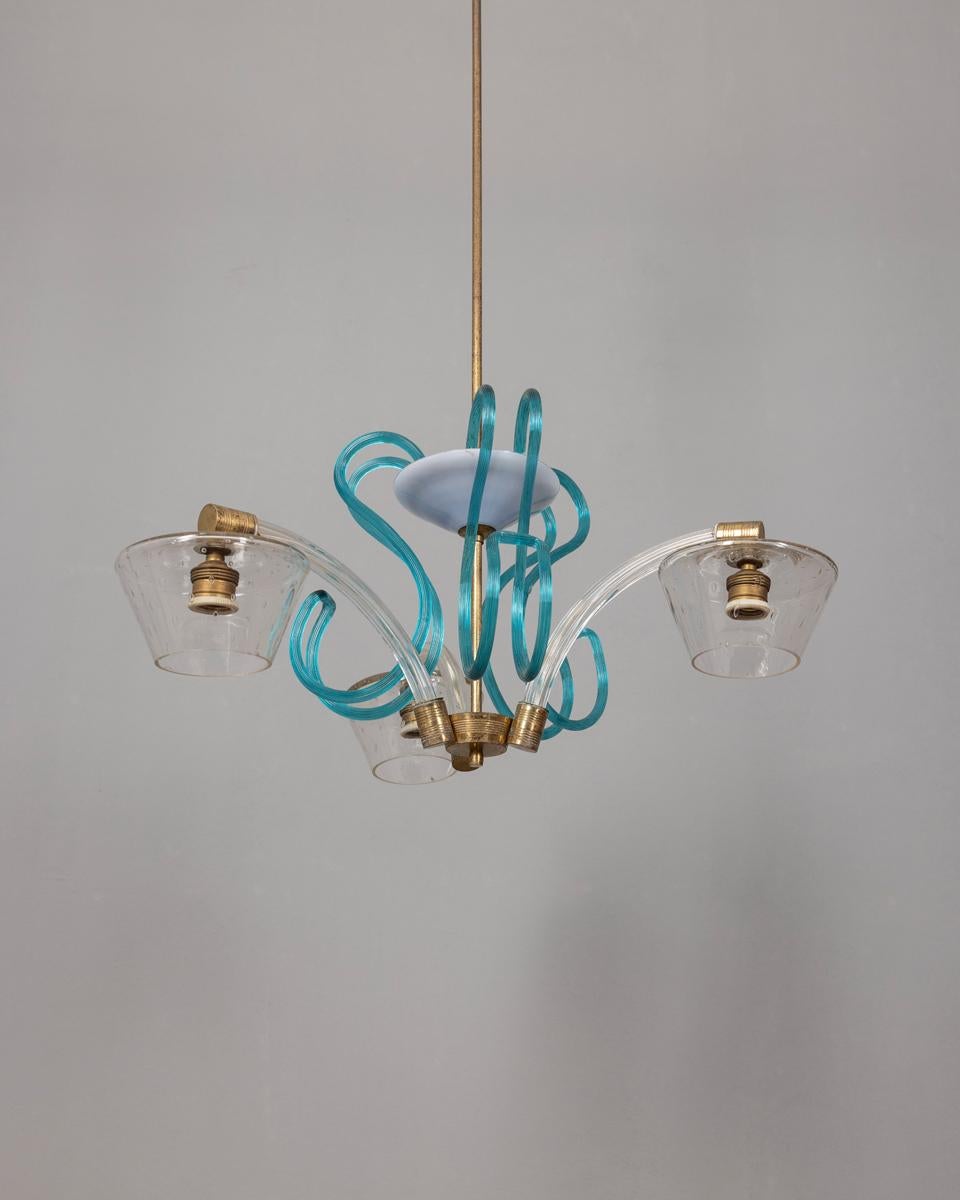 Mid-Century Modern Brass and Murano glass chandelier vintage 1950s Italian design For Sale