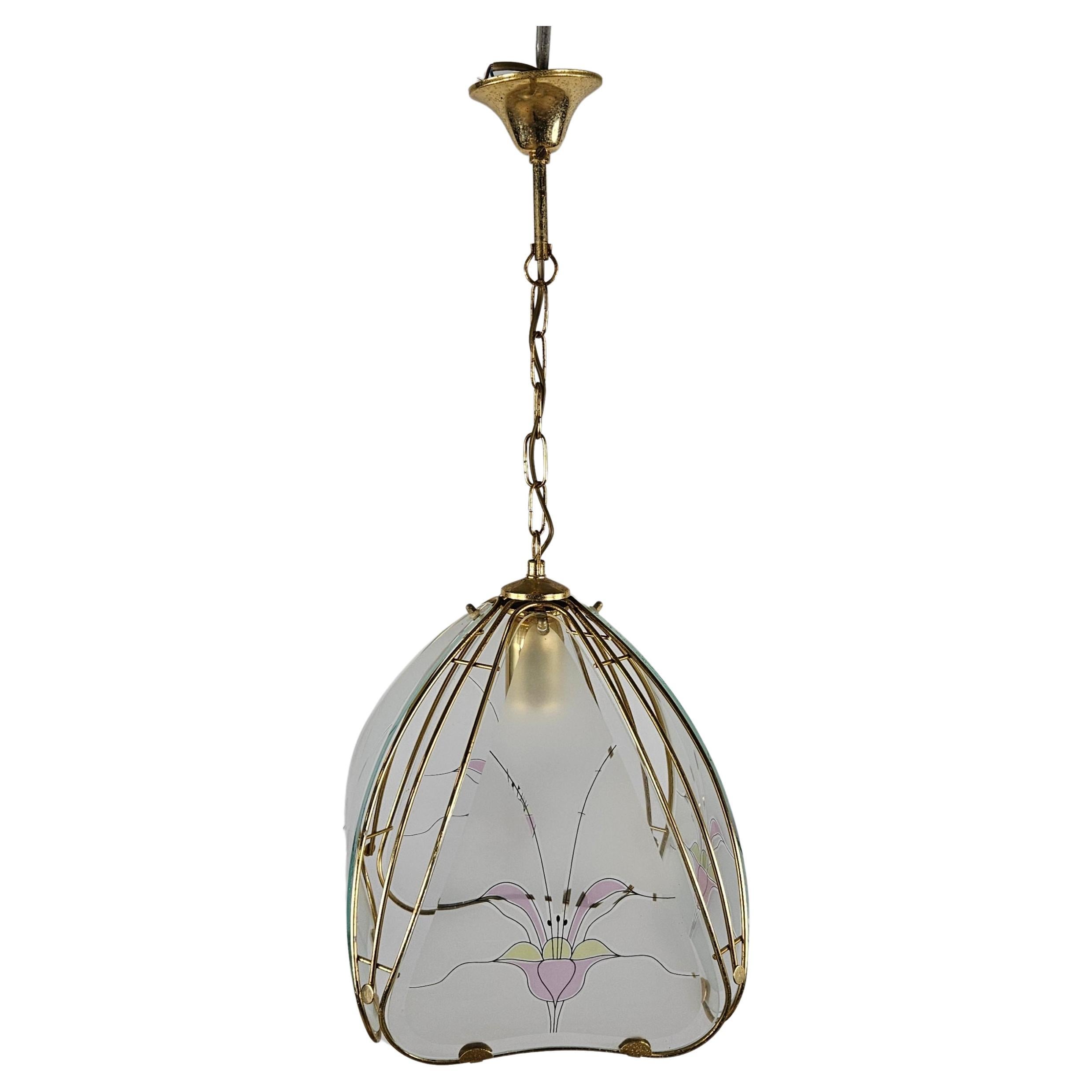 Brass and frosted glass chandelier with floral decoration 20th century