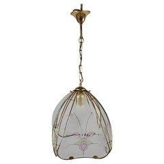 Brass and frosted glass chandelier with floral decoration 20th century