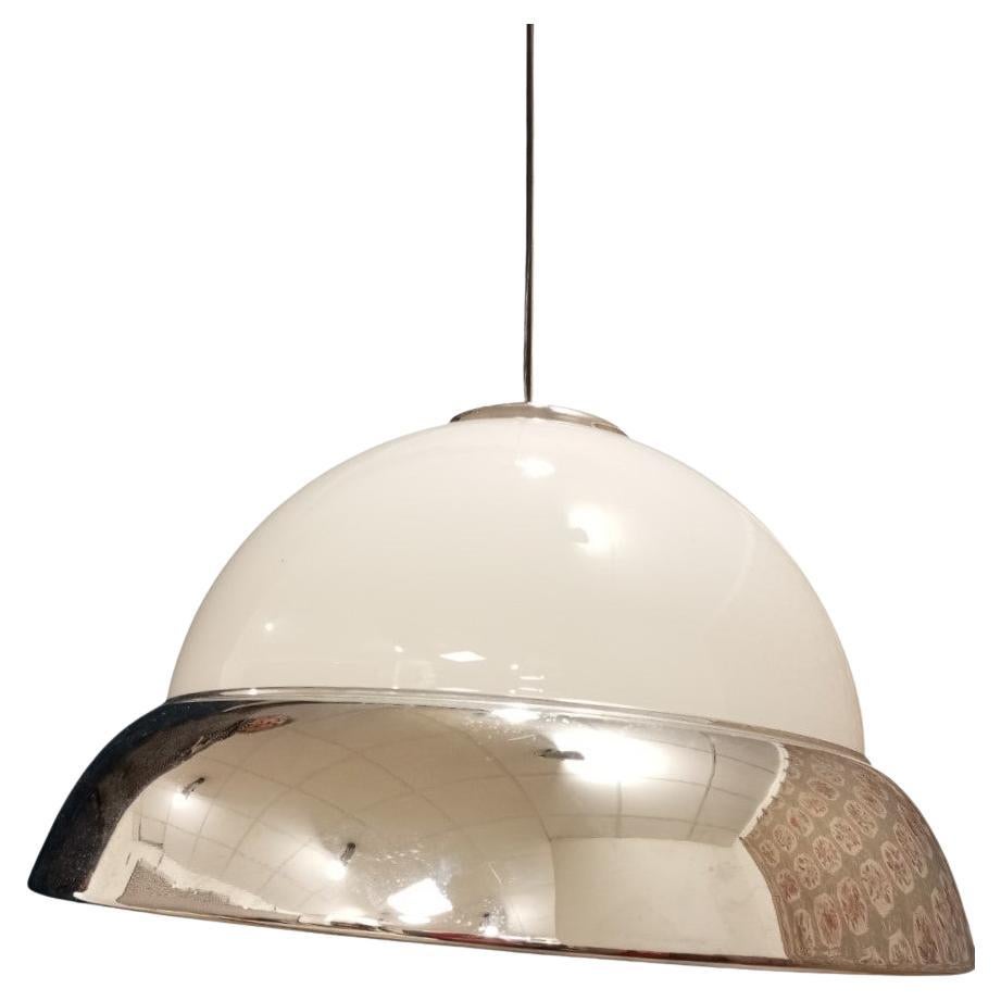 White glass and chrome metal chandelier Italy 1960s/70s