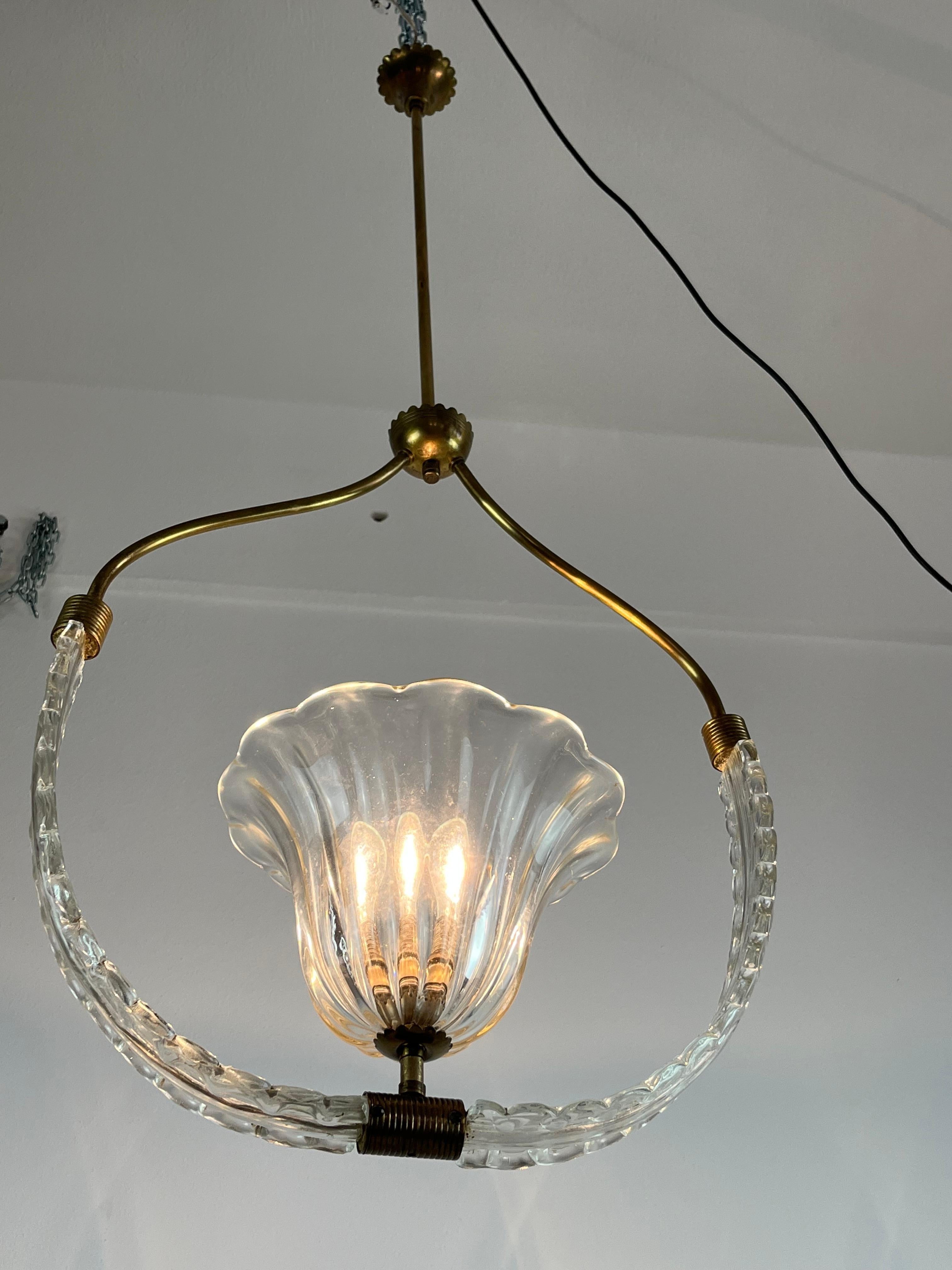 Italian Murano glass and brass Chandelier, attributed to Ercole Barovier, 1950s For Sale