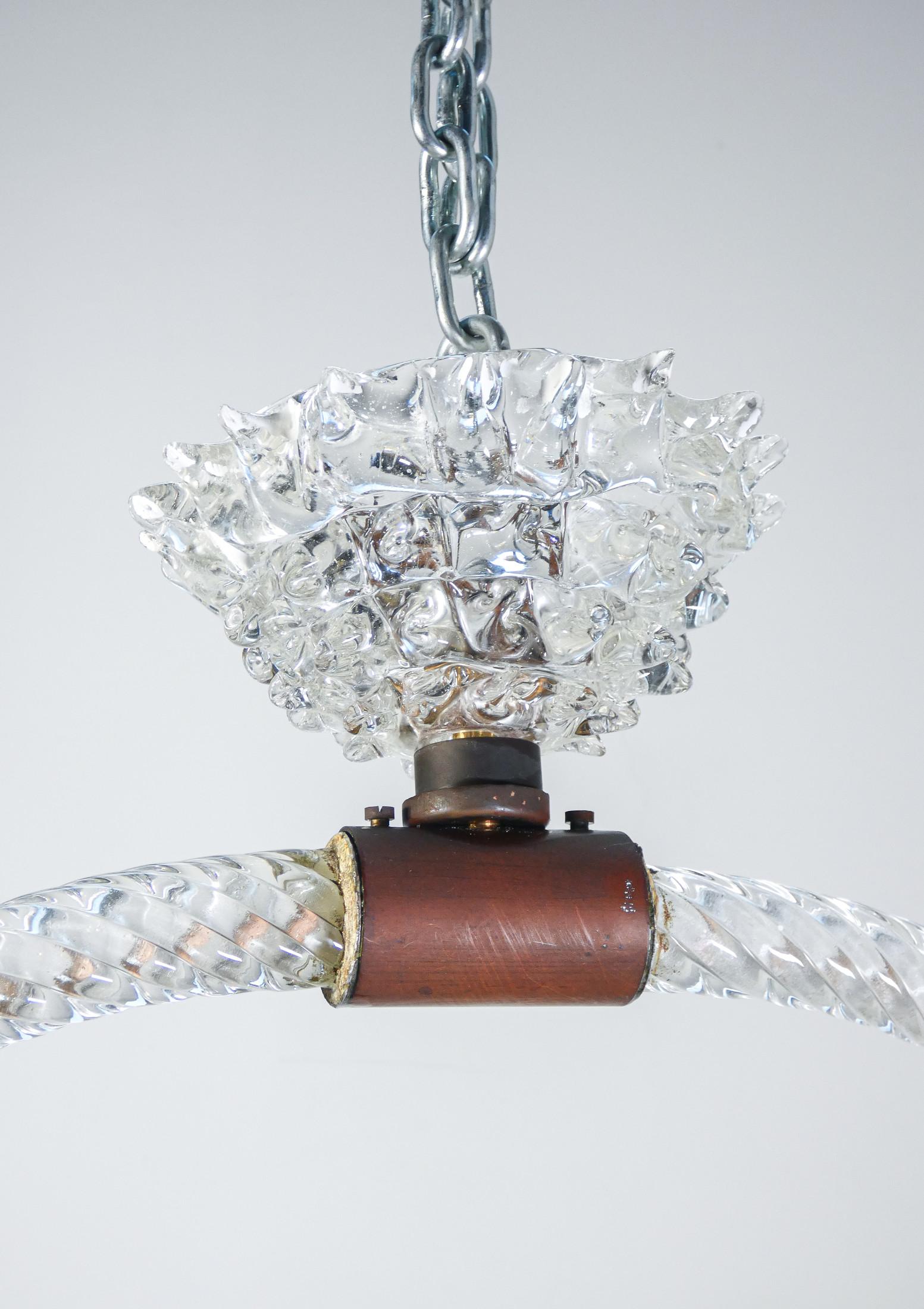 Blown and rosted glass chandelier, design BAROVIER & TOSO. 1940s For Sale 5