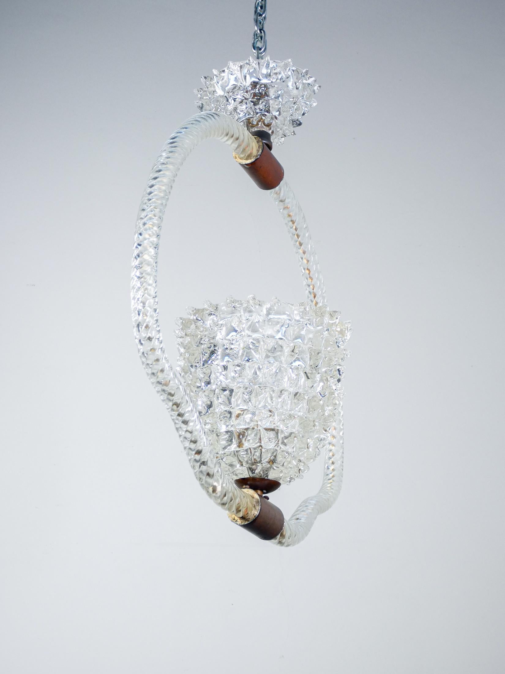 Blown and rosted glass chandelier, design BAROVIER & TOSO. 1940s For Sale 1