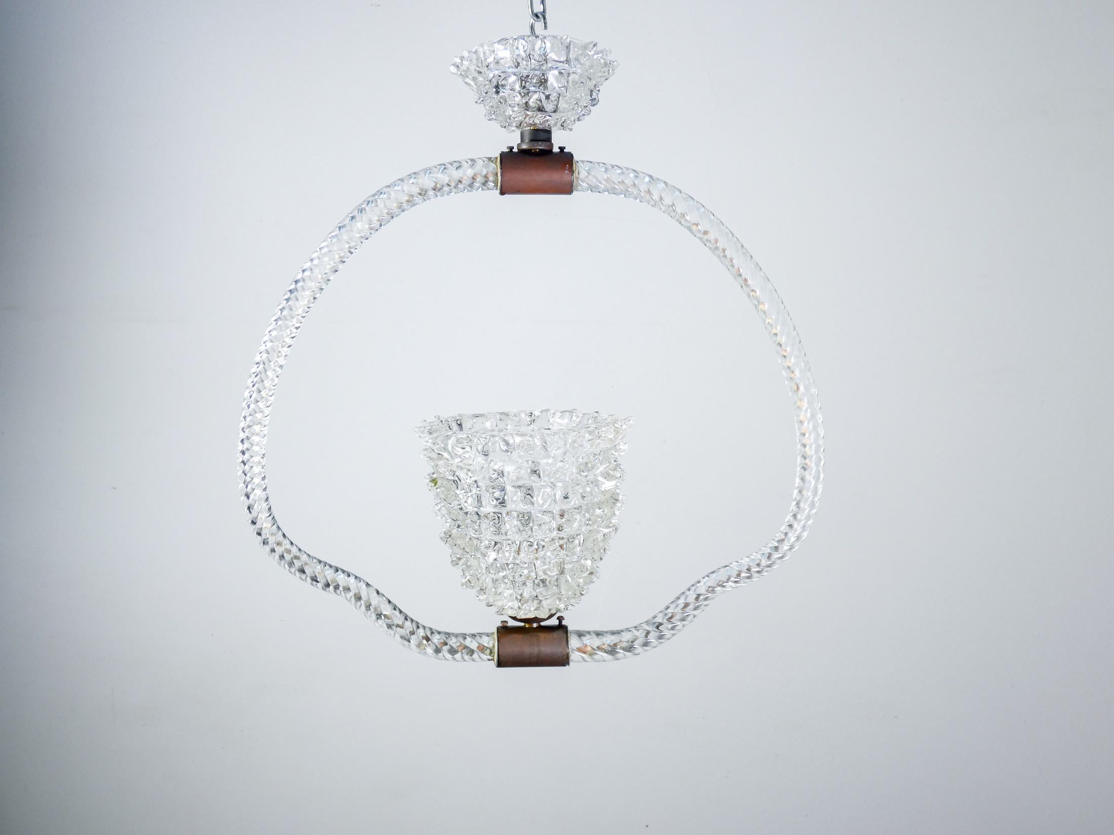 Blown and rosted glass chandelier, design BAROVIER & TOSO. 1940s For Sale 3
