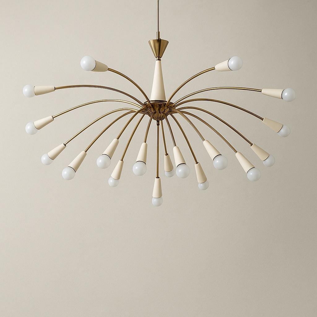 Straordinario lampadario a sospensione risalente agli anni '50, attribuito alla prestigiosa manifattura italiana Stilnovo. Questo pezzo iconico incarna perfettamente l'estetica del design Mid-Century Modern, combinando eleganza e funzionalità.
La