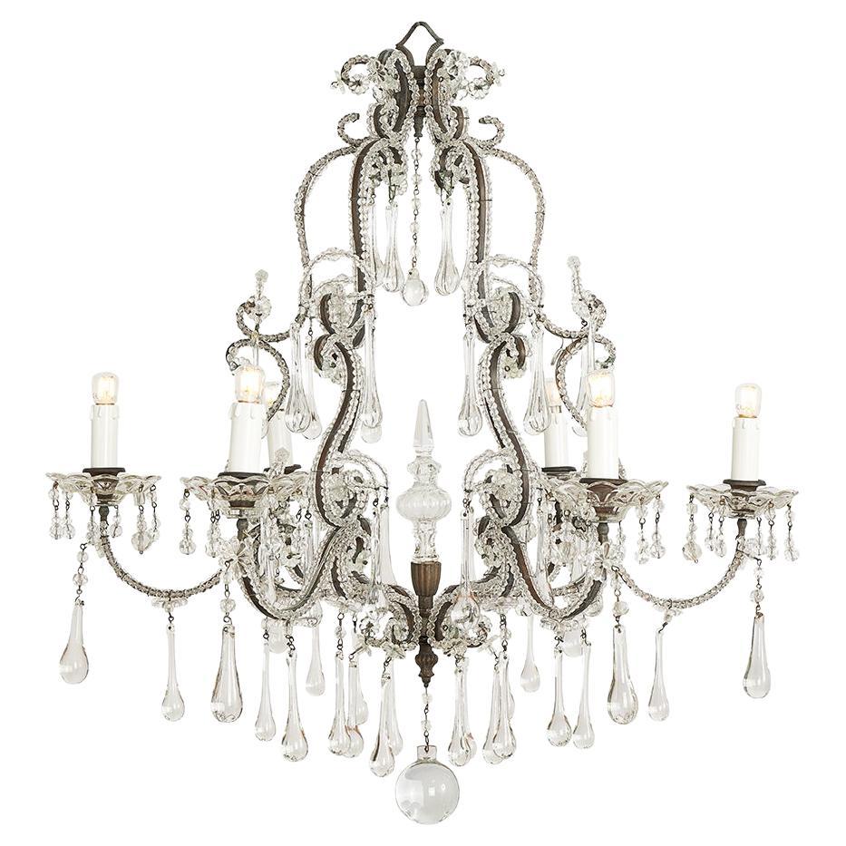 Italian Crystal Beaded Chandelier Eight Lights Early 20th Century