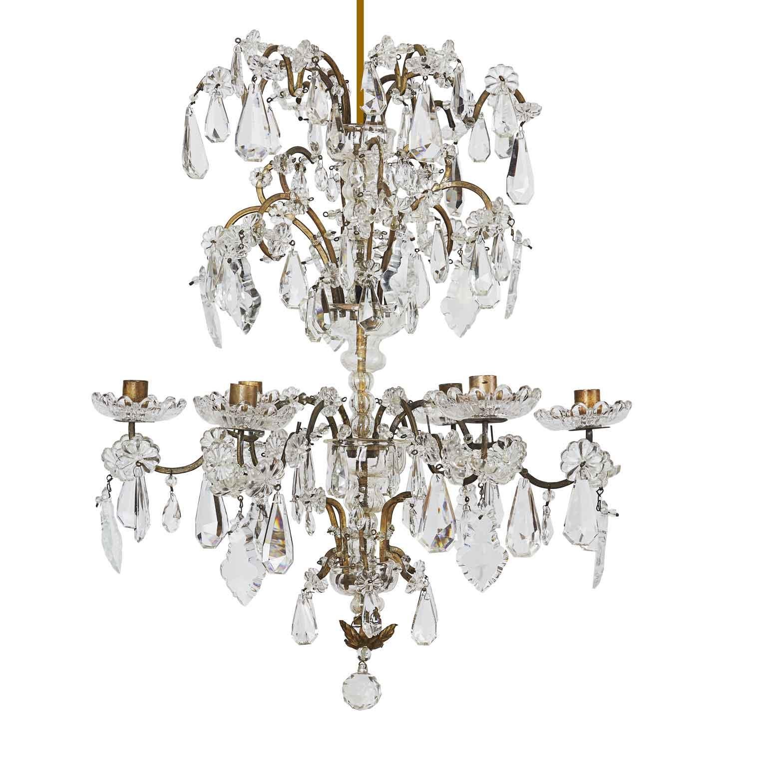 Louis Philippe Handmade Italian Crystal and Gold Brass Chandelier Mid-1800s Six Lights  For Sale