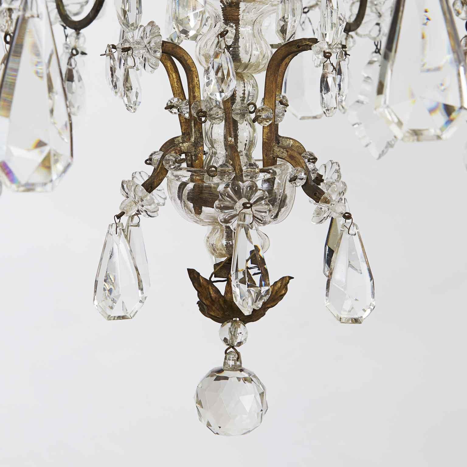 19th Century Handmade Italian Crystal and Gold Brass Chandelier Mid-1800s Six Lights  For Sale