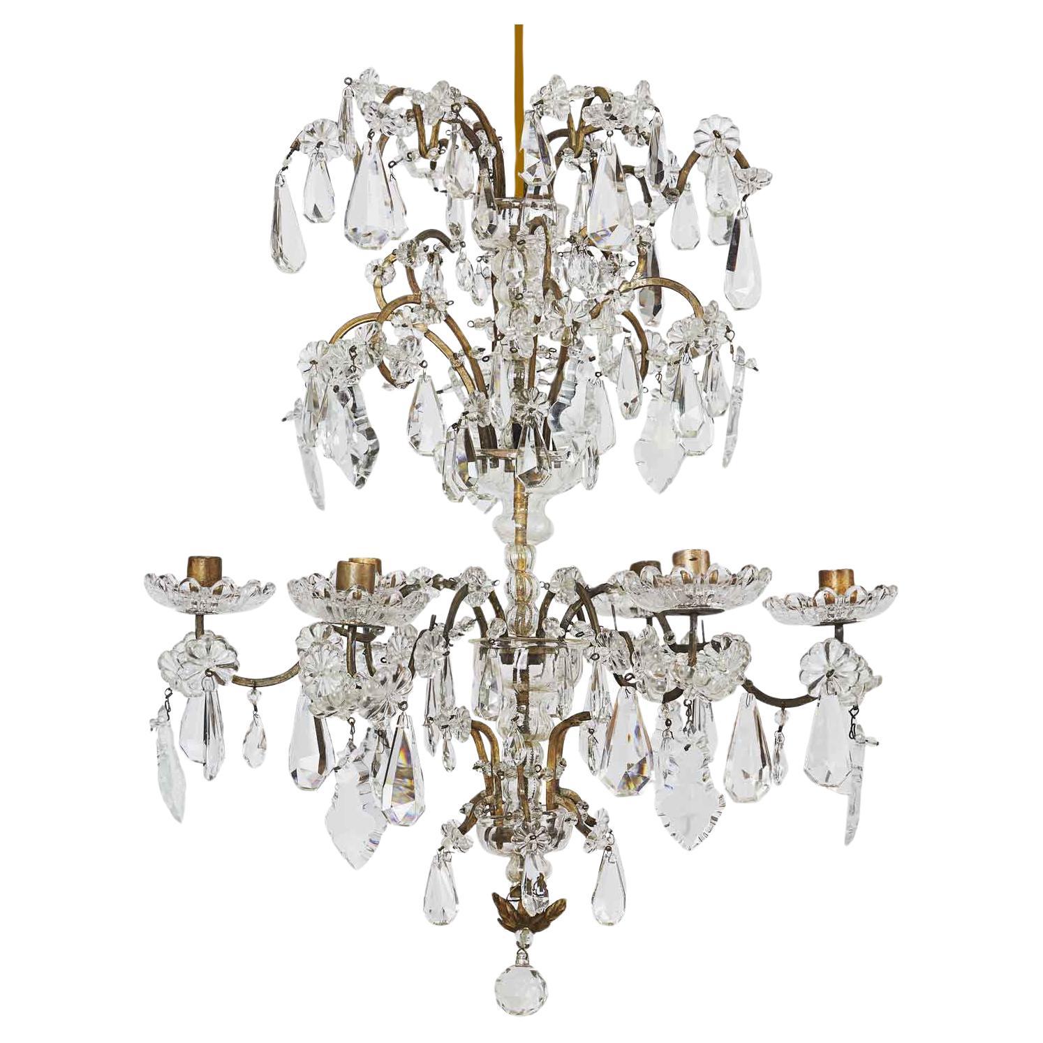 Handmade Italian Crystal and Gold Brass Chandelier Mid-1800s Six Lights  For Sale