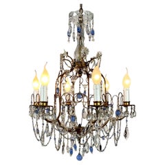 Lampadario Italiano Dorato Con Cristalli Azzurri e Trasparenti a Sei Luci 1950