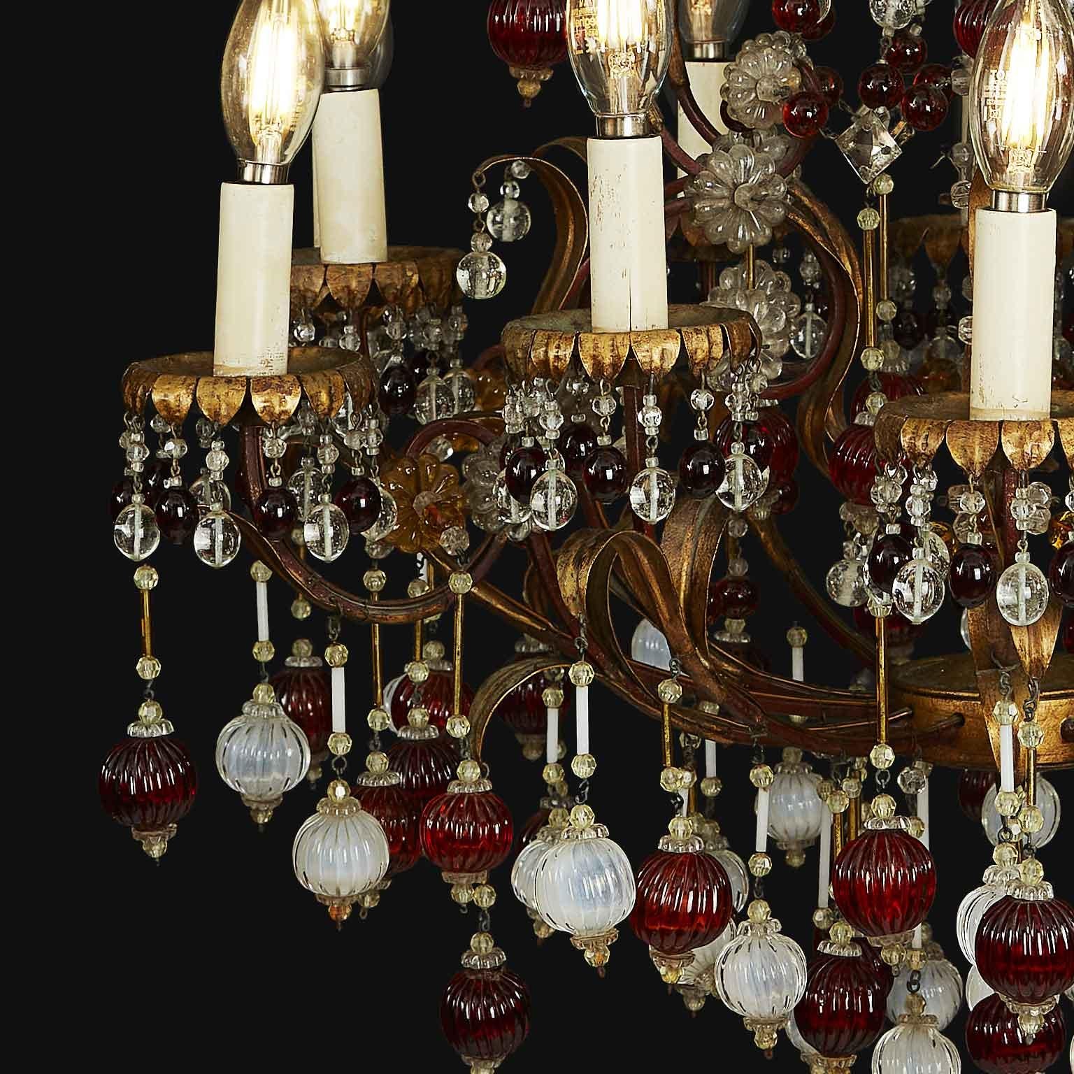 Italian Gilded Iron and Red and White Glass Chandelier circa 1960, Twelve Lights For Sale 4
