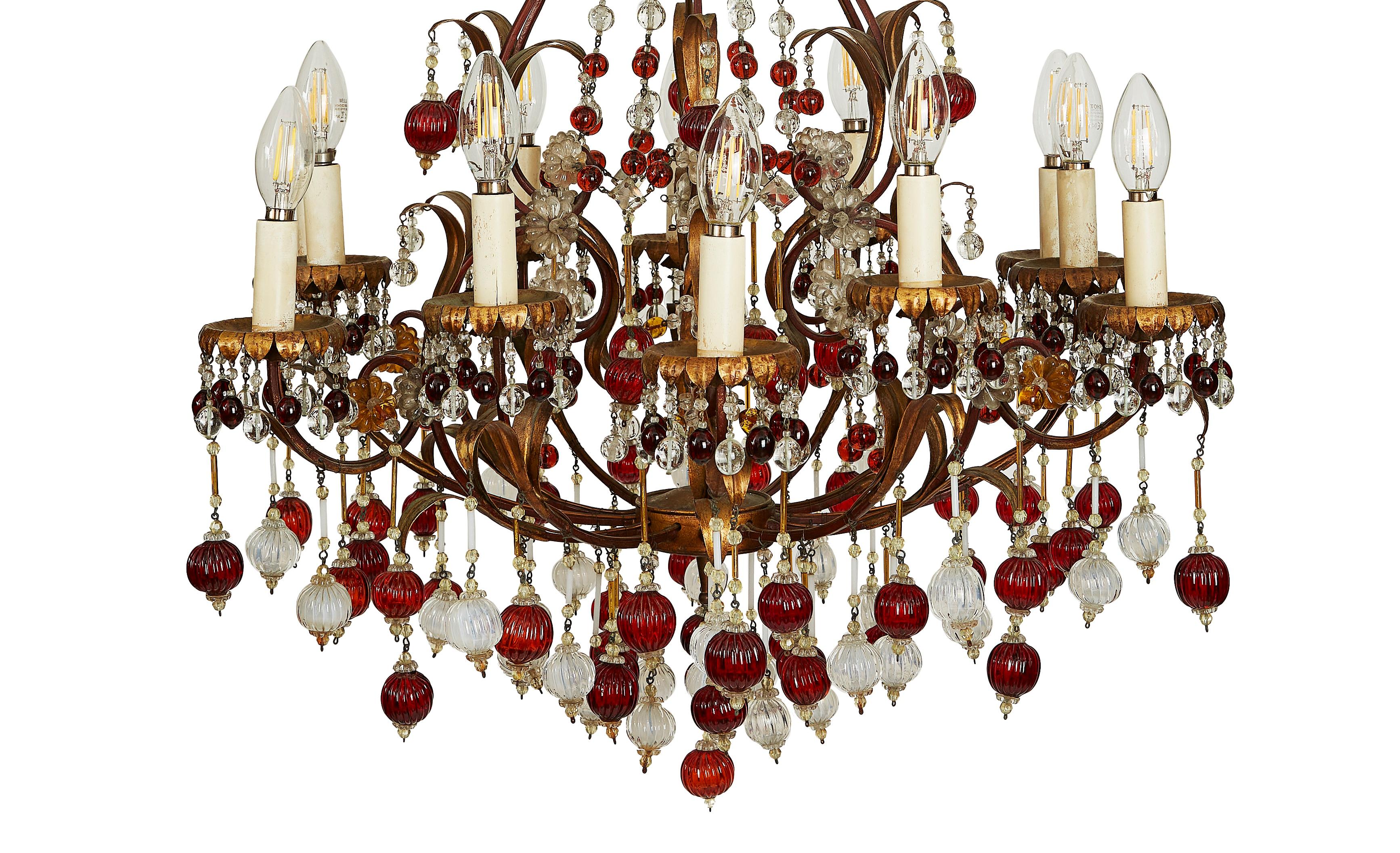 Forged Italian Gilded Iron and Red and White Glass Chandelier circa 1960, Twelve Lights For Sale