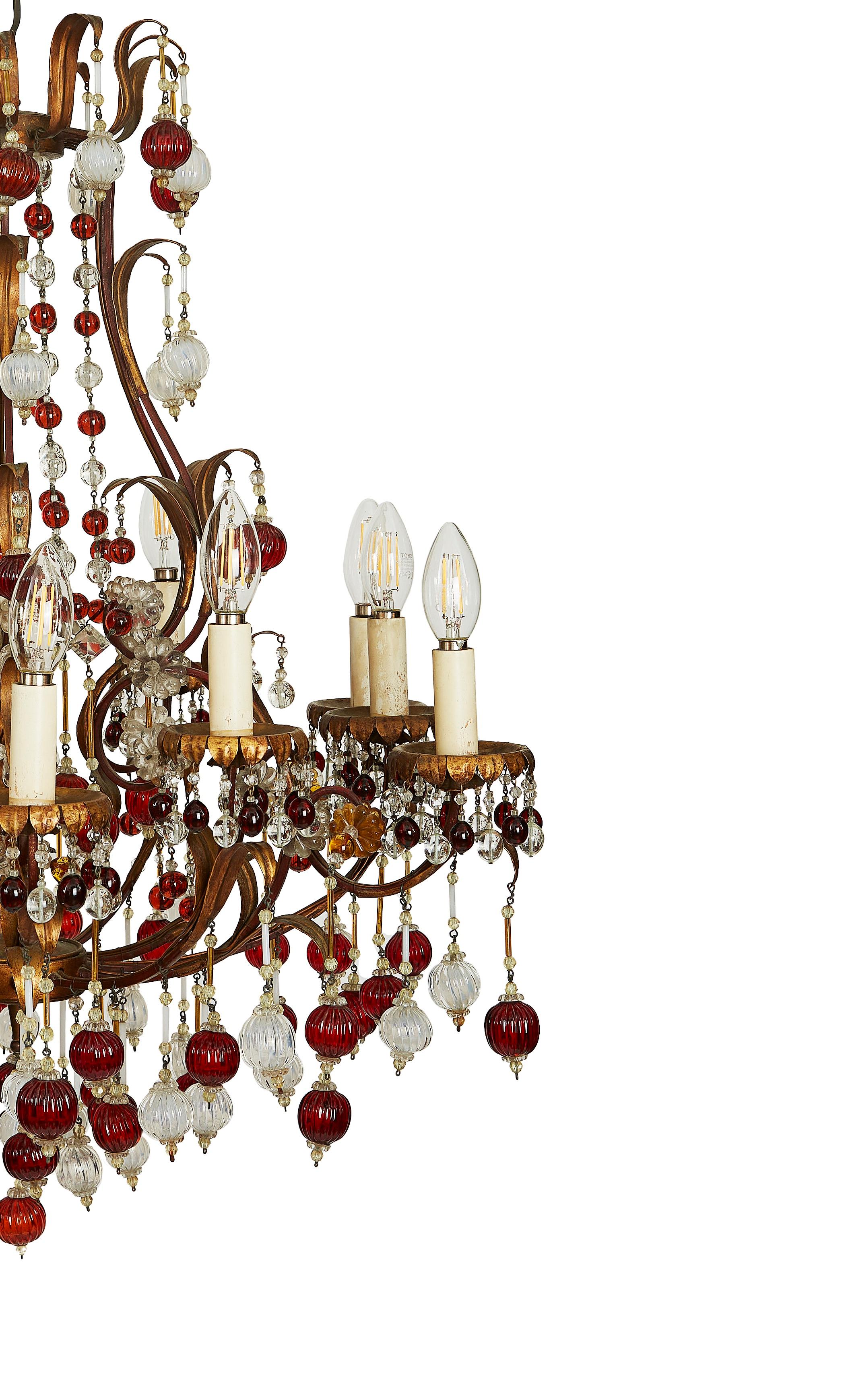 Blown Glass Italian Gilded Iron and Red and White Glass Chandelier circa 1960, Twelve Lights For Sale