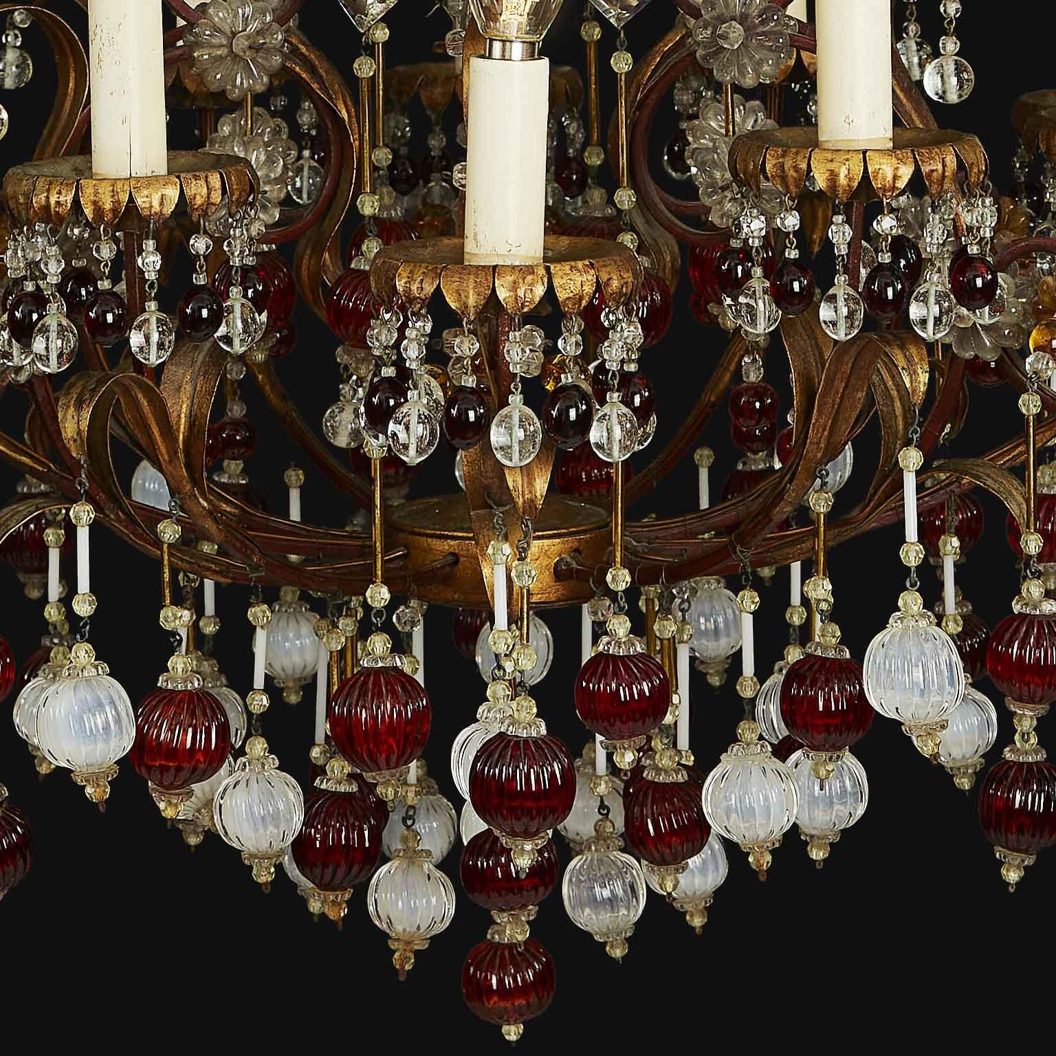 Italian Gilded Iron and Red and White Glass Chandelier circa 1960, Twelve Lights For Sale 2