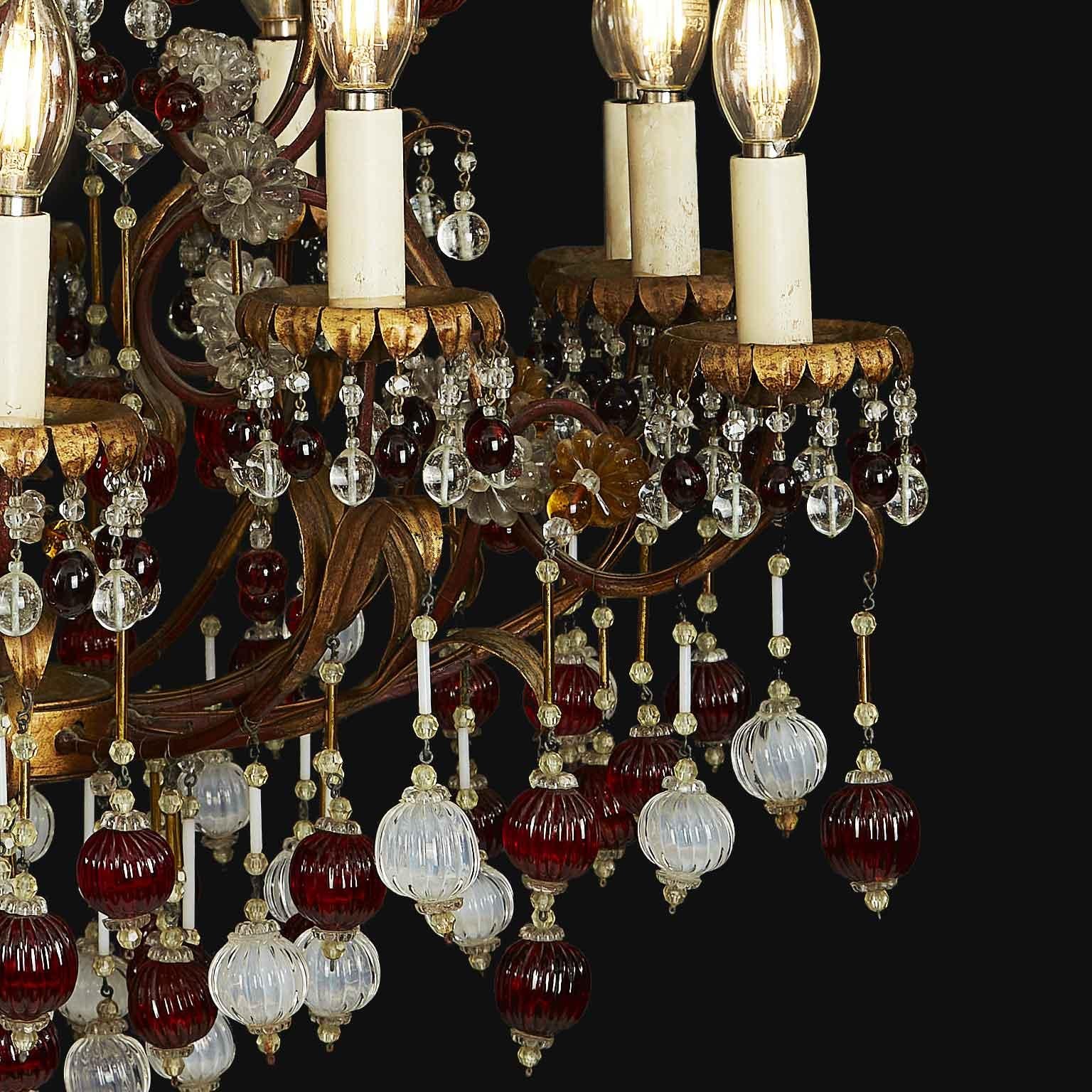 Italian Gilded Iron and Red and White Glass Chandelier circa 1960, Twelve Lights For Sale 3