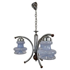 Italian Mid Century metal chandelier with three light points in shaded glass