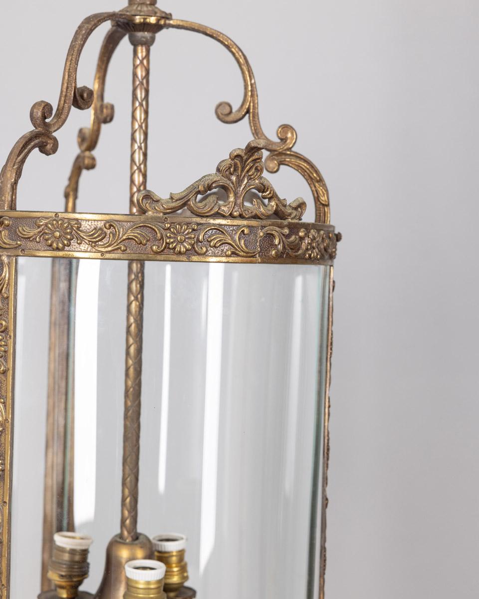 Art Deco 1950s vintage brass and glass lantern chandelier Italian design For Sale