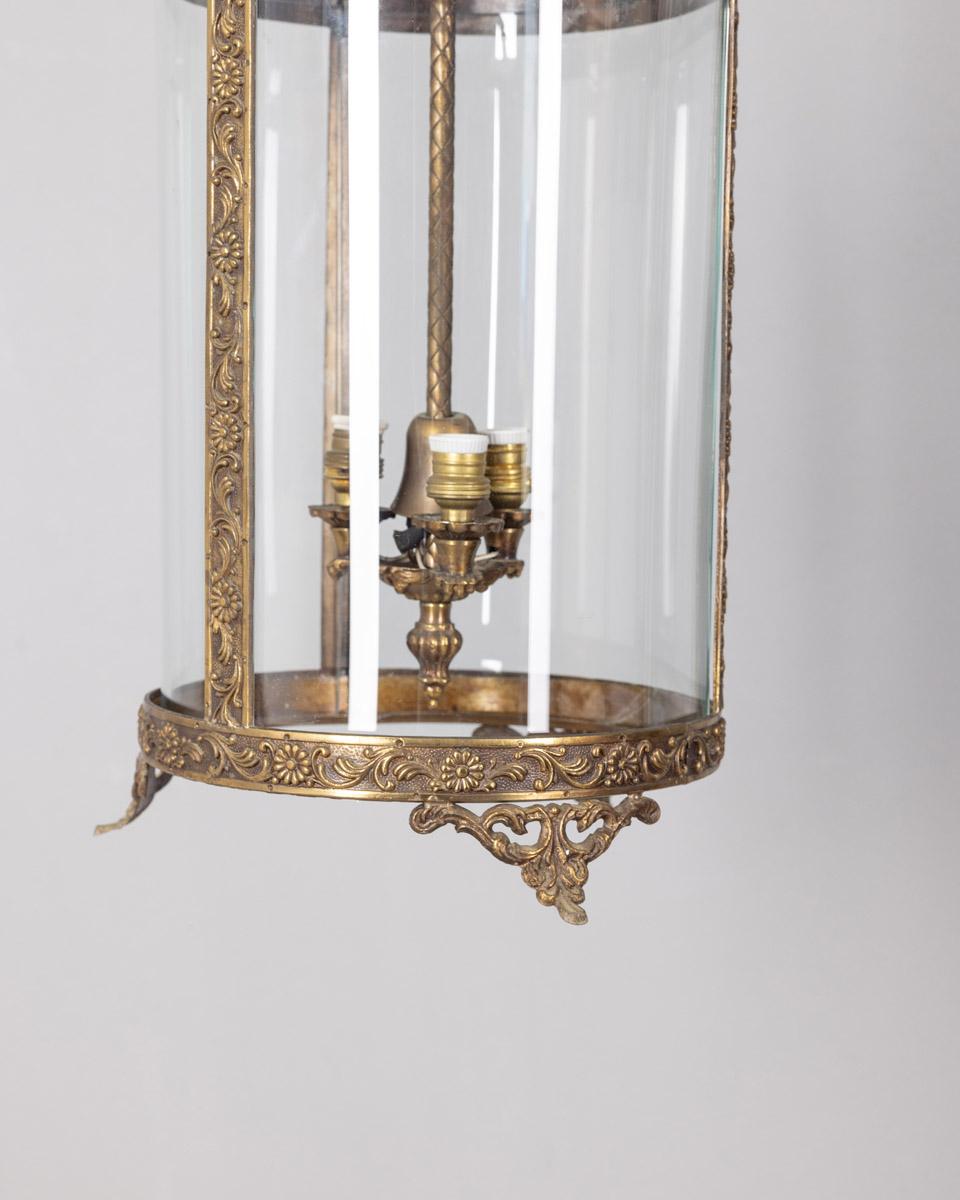Mid-20th Century 1950s vintage brass and glass lantern chandelier Italian design For Sale