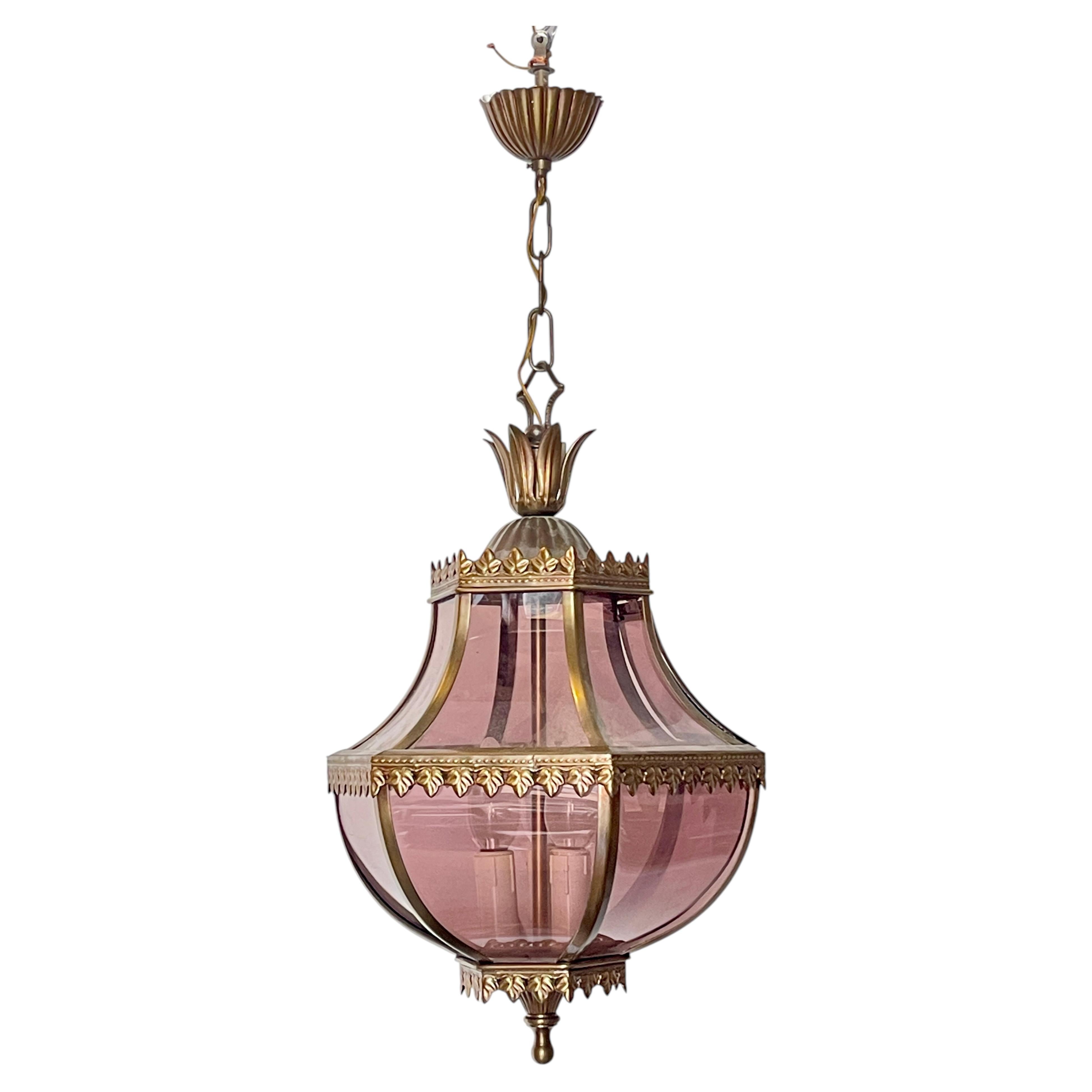 Vintage brass and glass lantern chandelier, "Lanterne Royale," 1970s