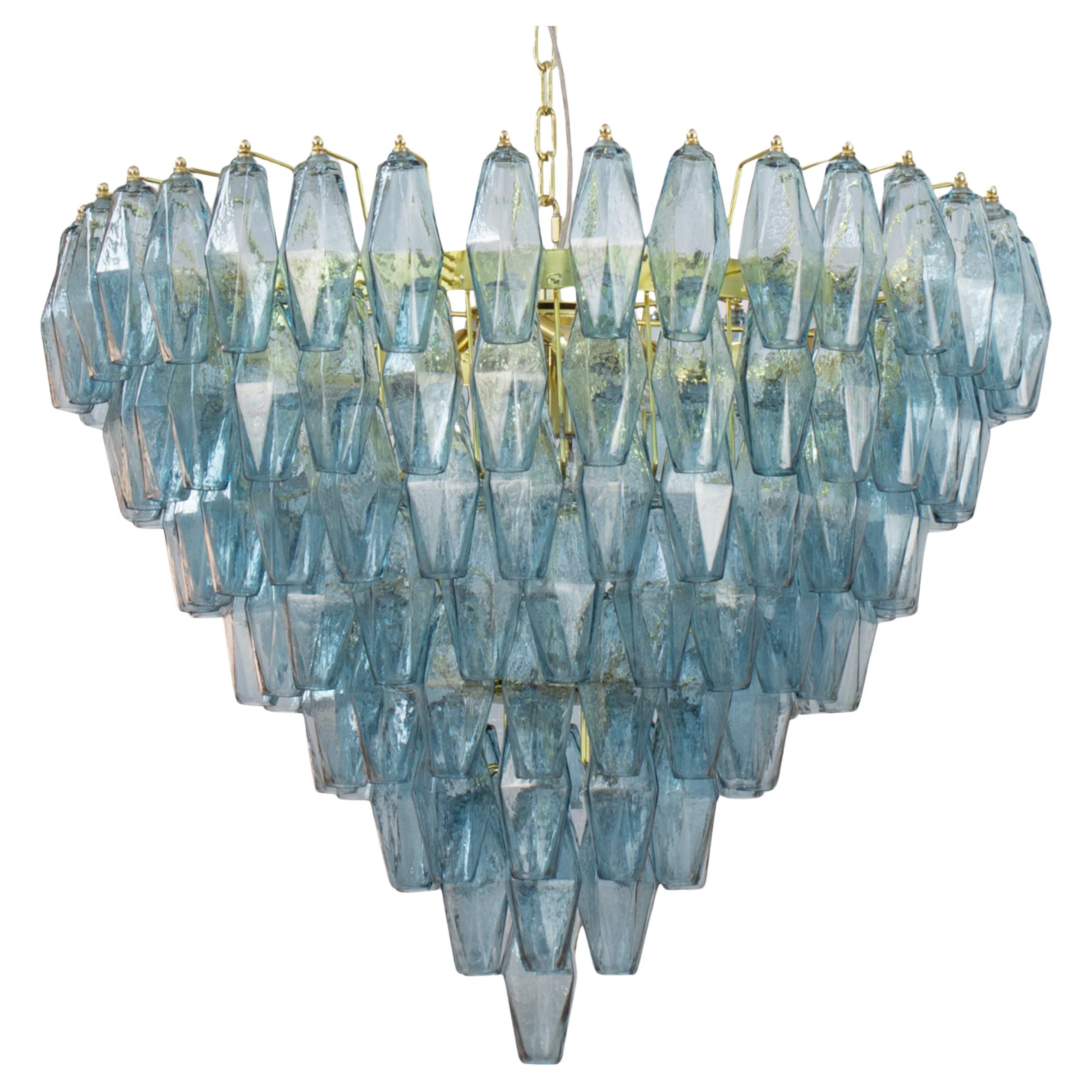 Lampadario poliedri blu avio vetro di Murano ispirato al mid-century italiano For Sale