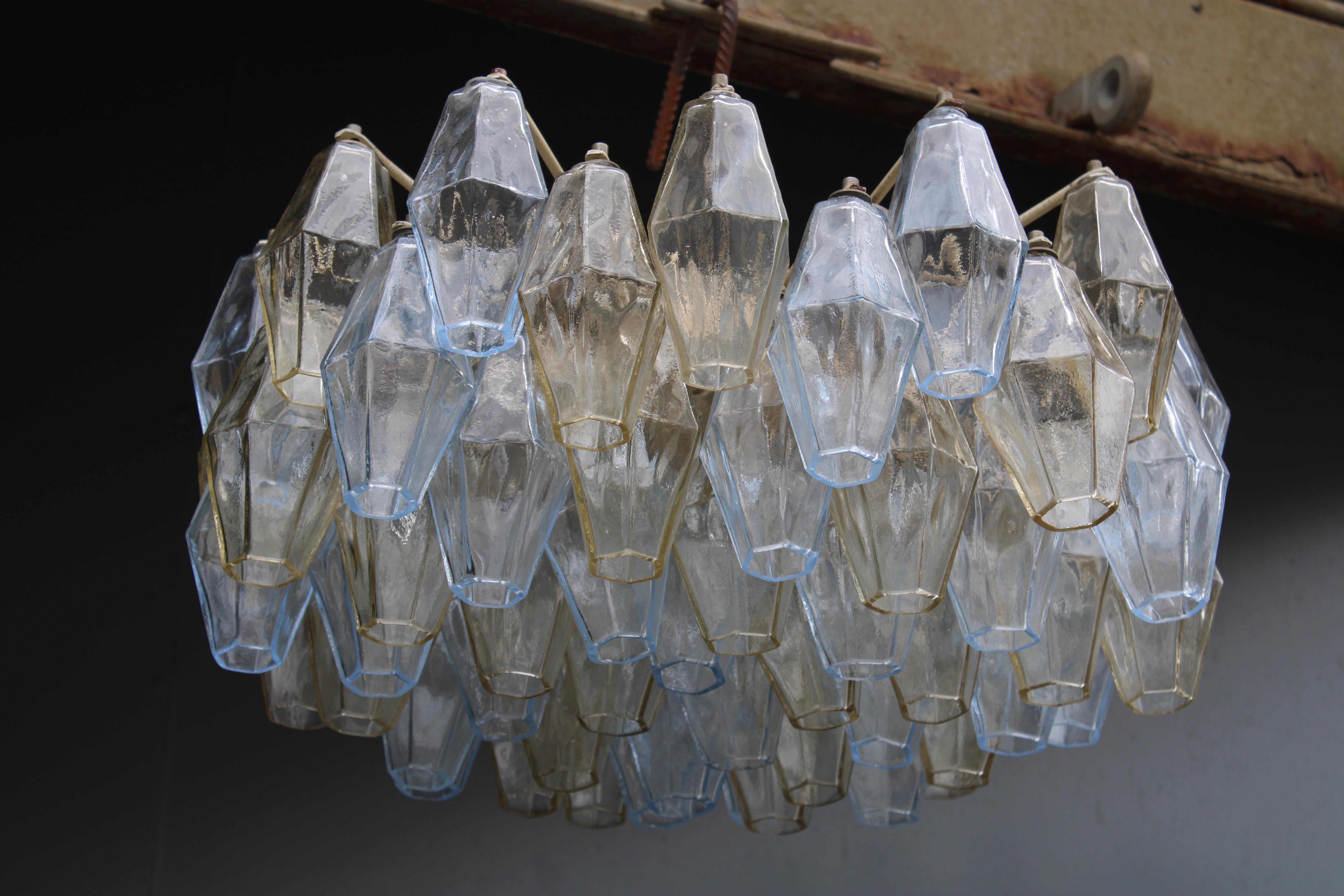 Poliedri Chandelier Carlo Scarpa 1950 Venini Murano Glass Celeste and Yellow For Sale 4