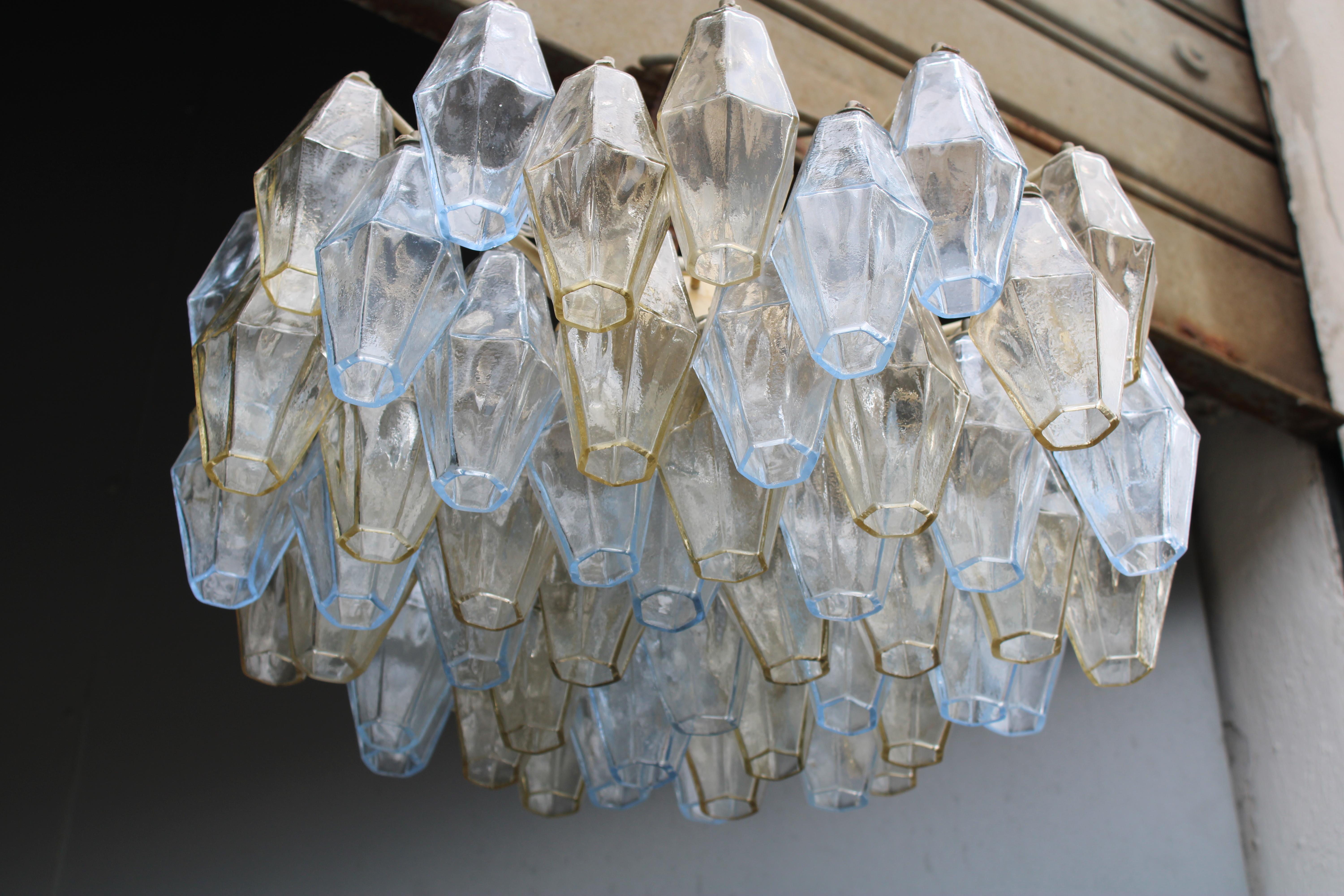Mid-Century Modern Poliedri Chandelier Carlo Scarpa 1950 Venini Murano Glass Celeste and Yellow For Sale