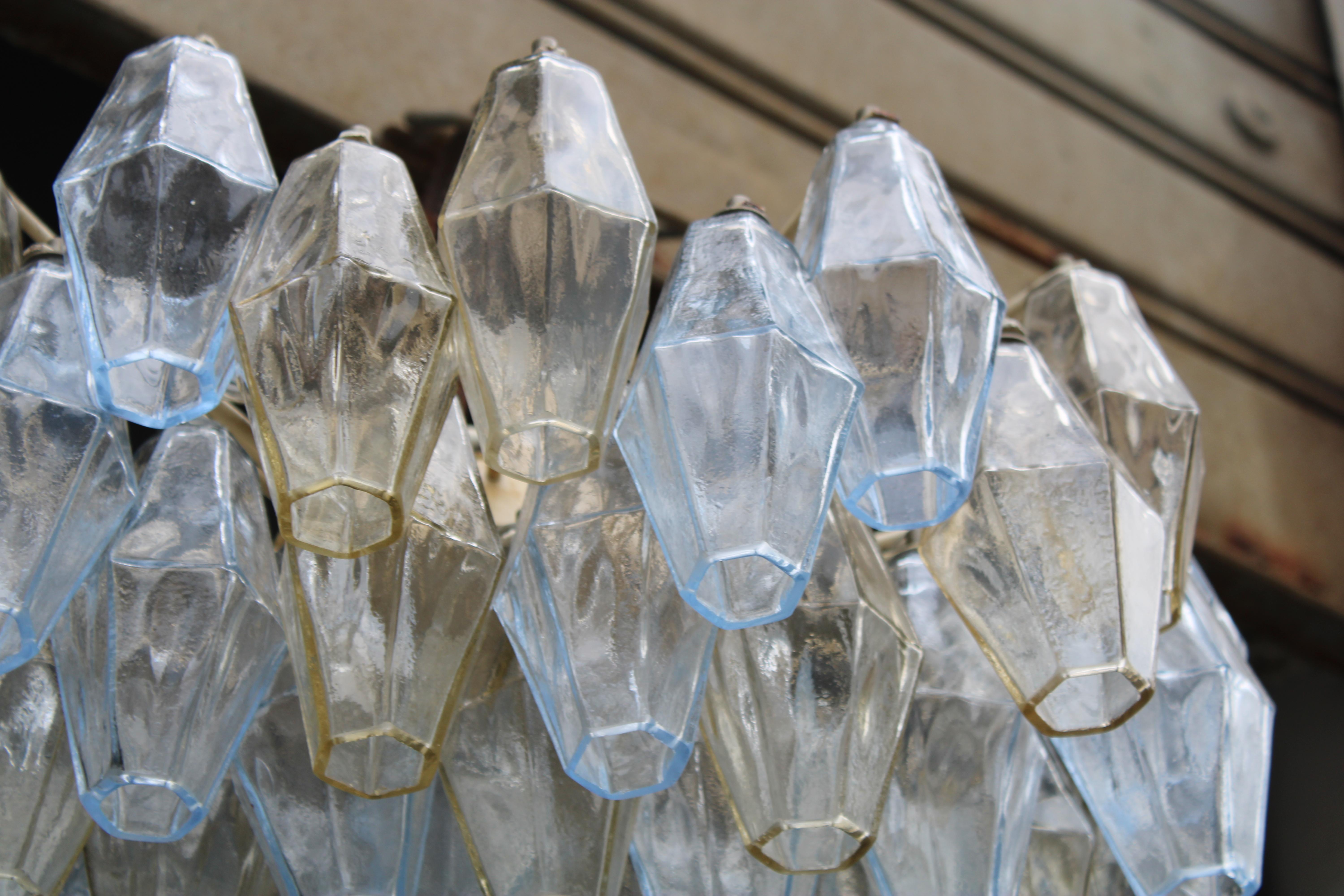 Italian Poliedri Chandelier Carlo Scarpa 1950 Venini Murano Glass Celeste and Yellow For Sale