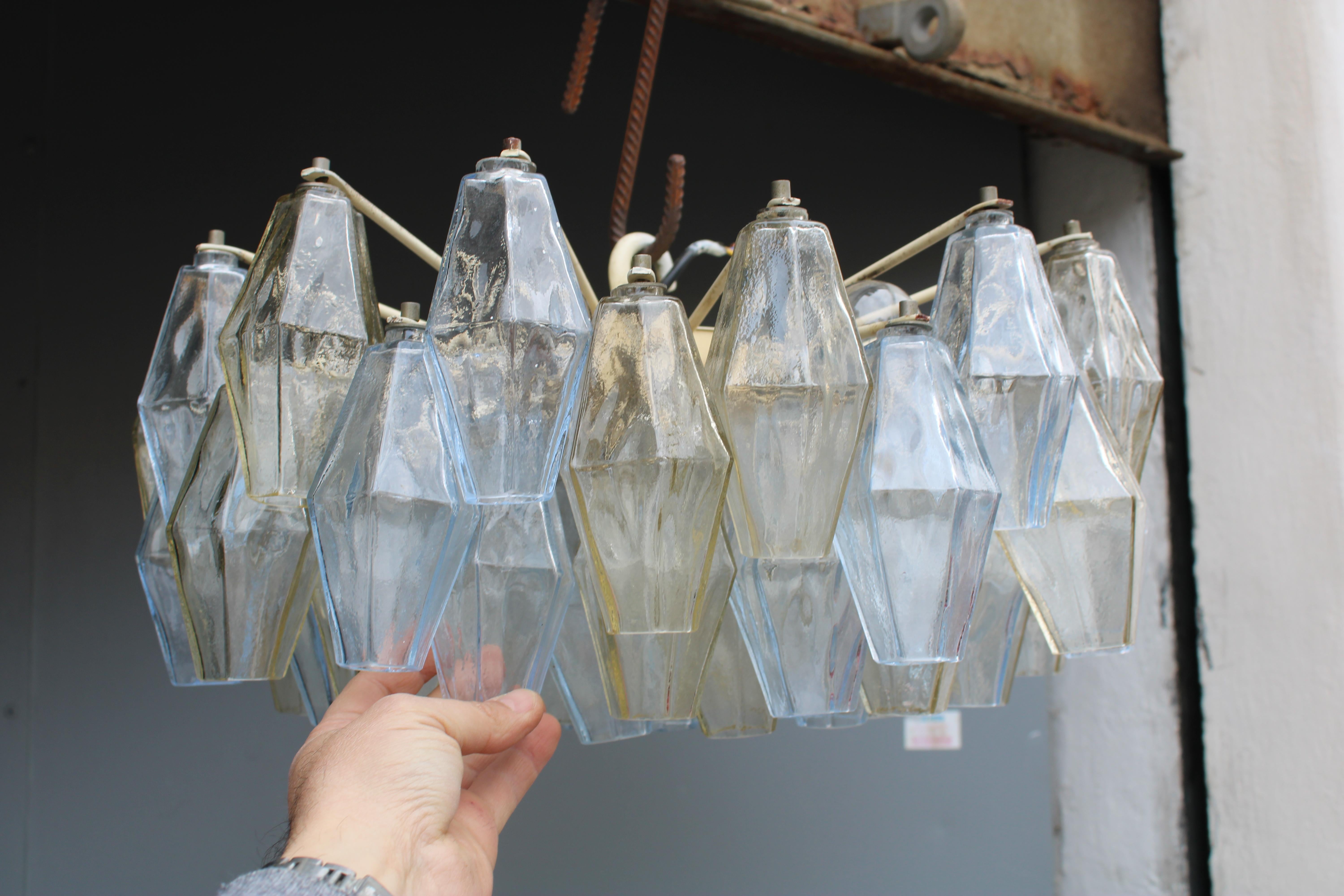 Metal Poliedri Chandelier Carlo Scarpa 1950 Venini Murano Glass Celeste and Yellow For Sale