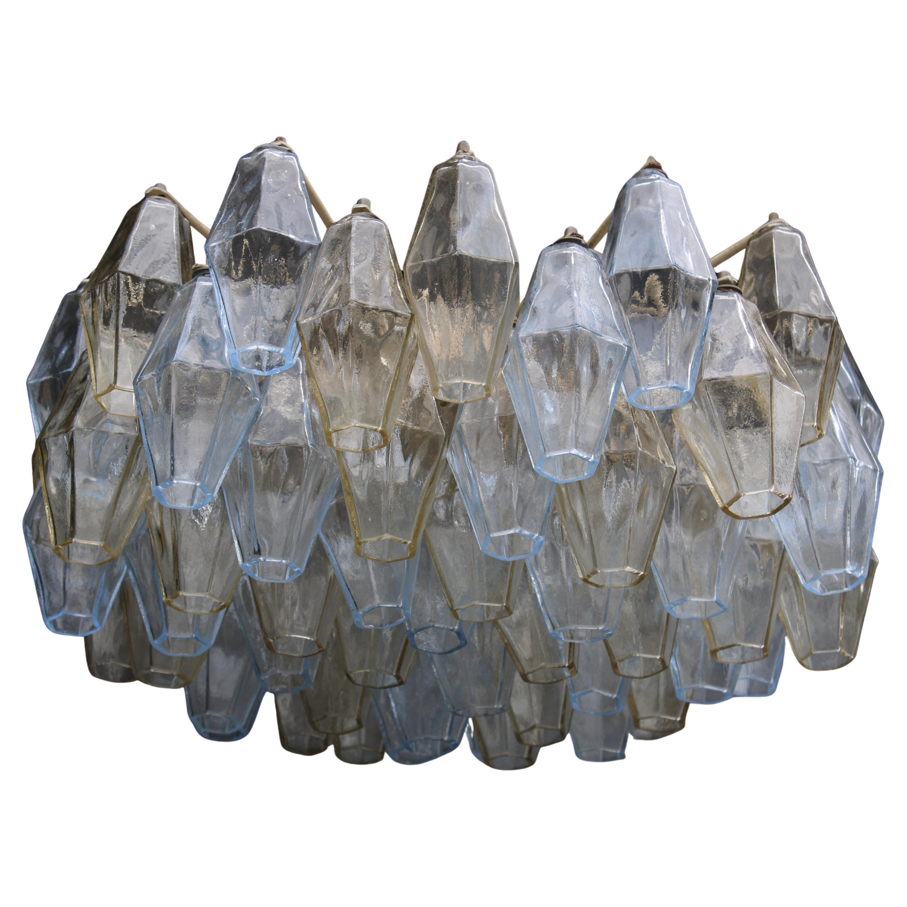 Poliedri Chandelier Carlo Scarpa 1950 Venini Murano Glass Celeste and Yellow For Sale