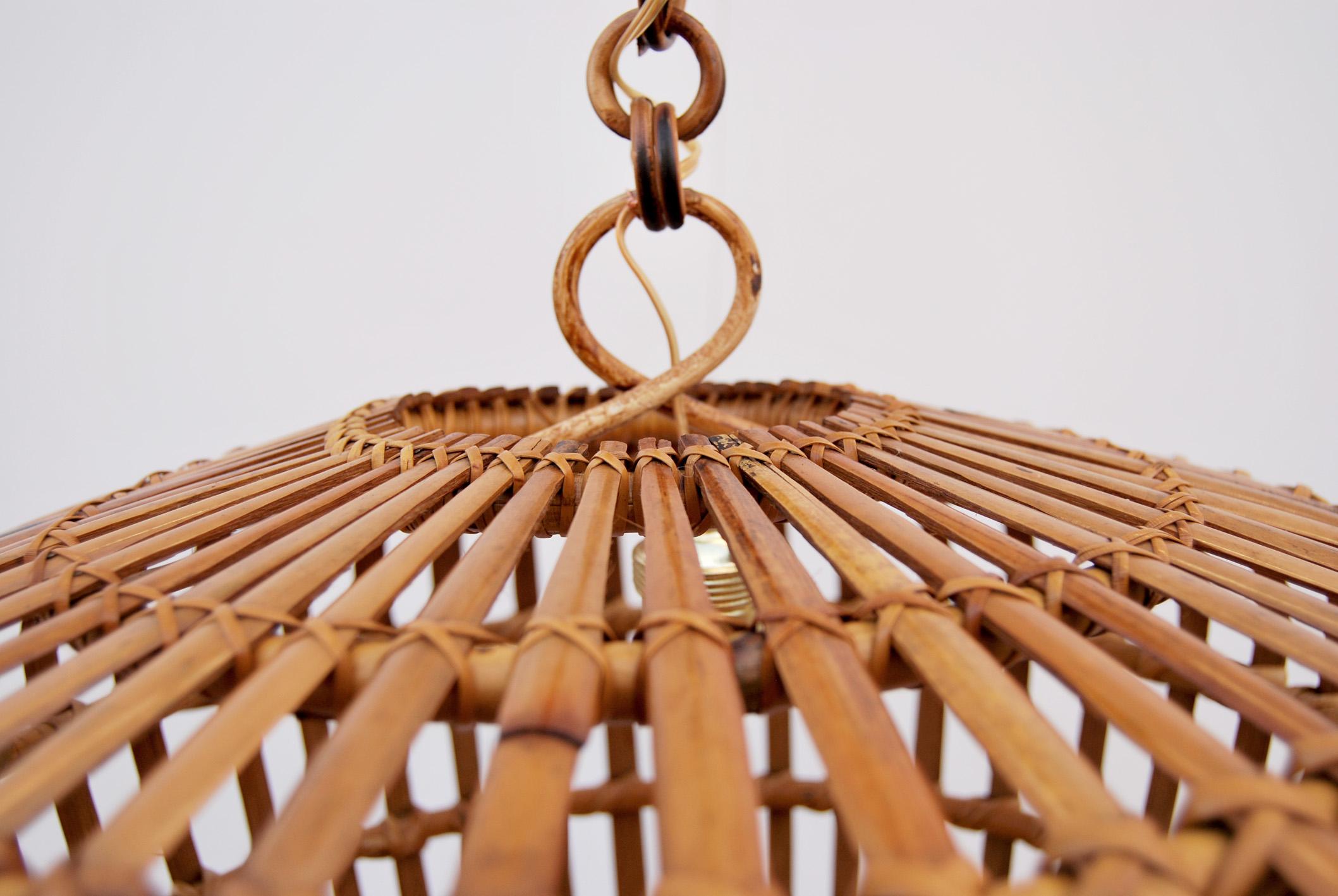 Italian Round bamboo and wicker chandelier, 1960s  For Sale