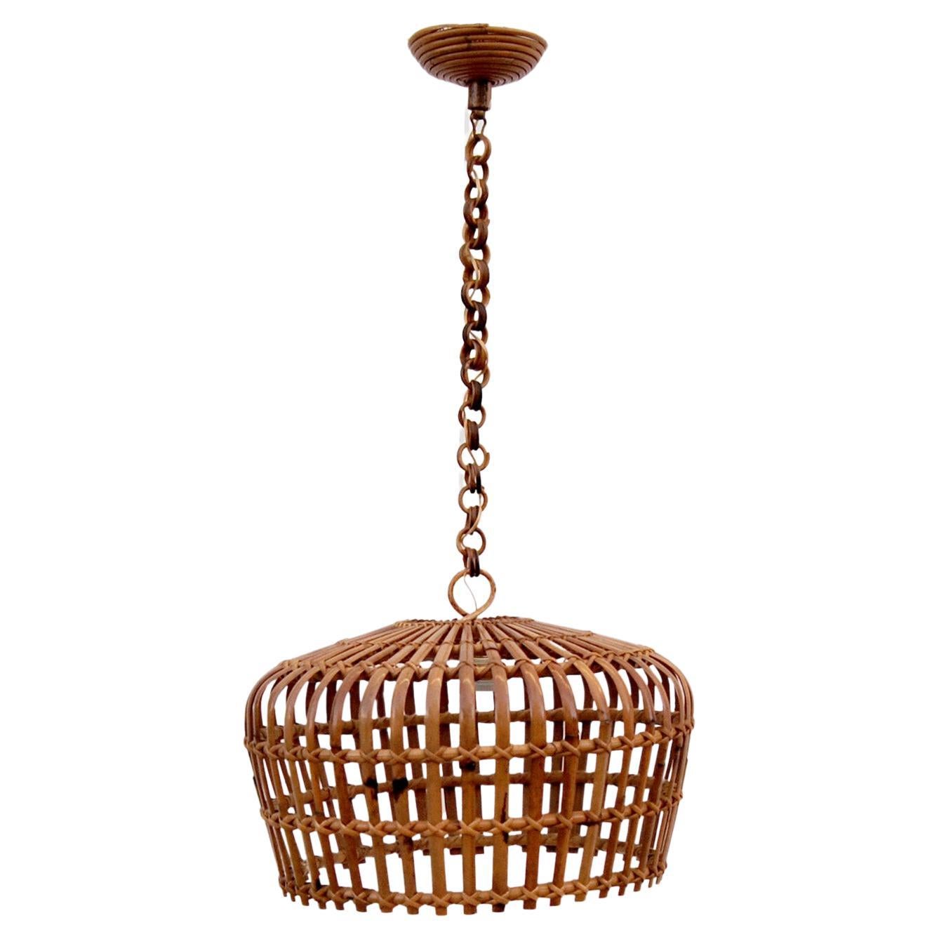 Round bamboo and wicker chandelier, 1960s  For Sale