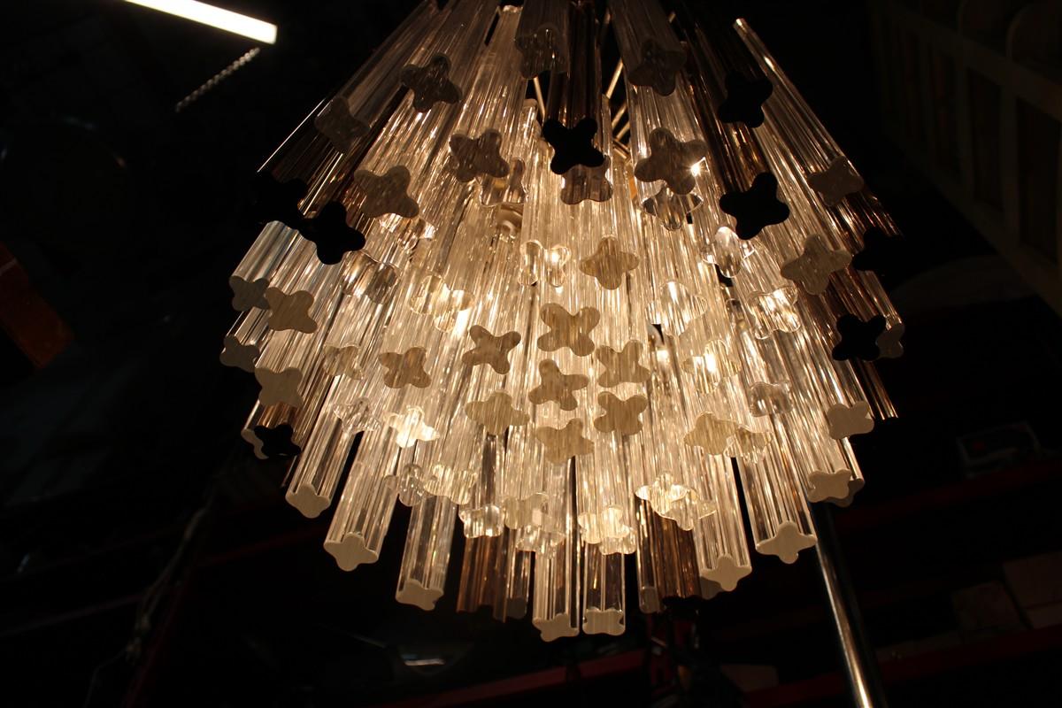 Venini Quadrifogio Italia 1970s round chandelier Chromed metal structure For Sale 4