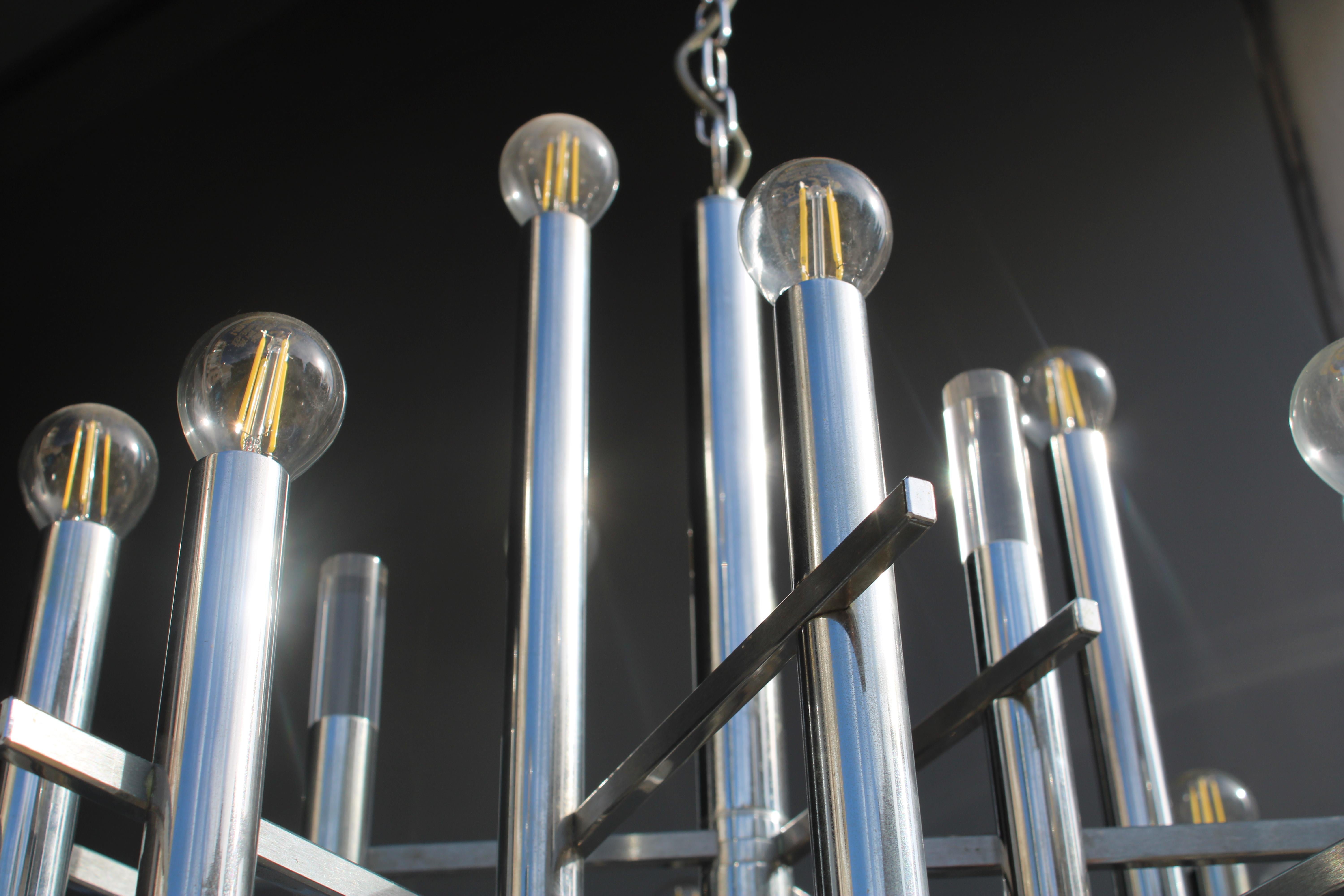 Lampadario Sciolari in Acciaio e Plexiglass 1970 Italia Minimalista Design en venta 6