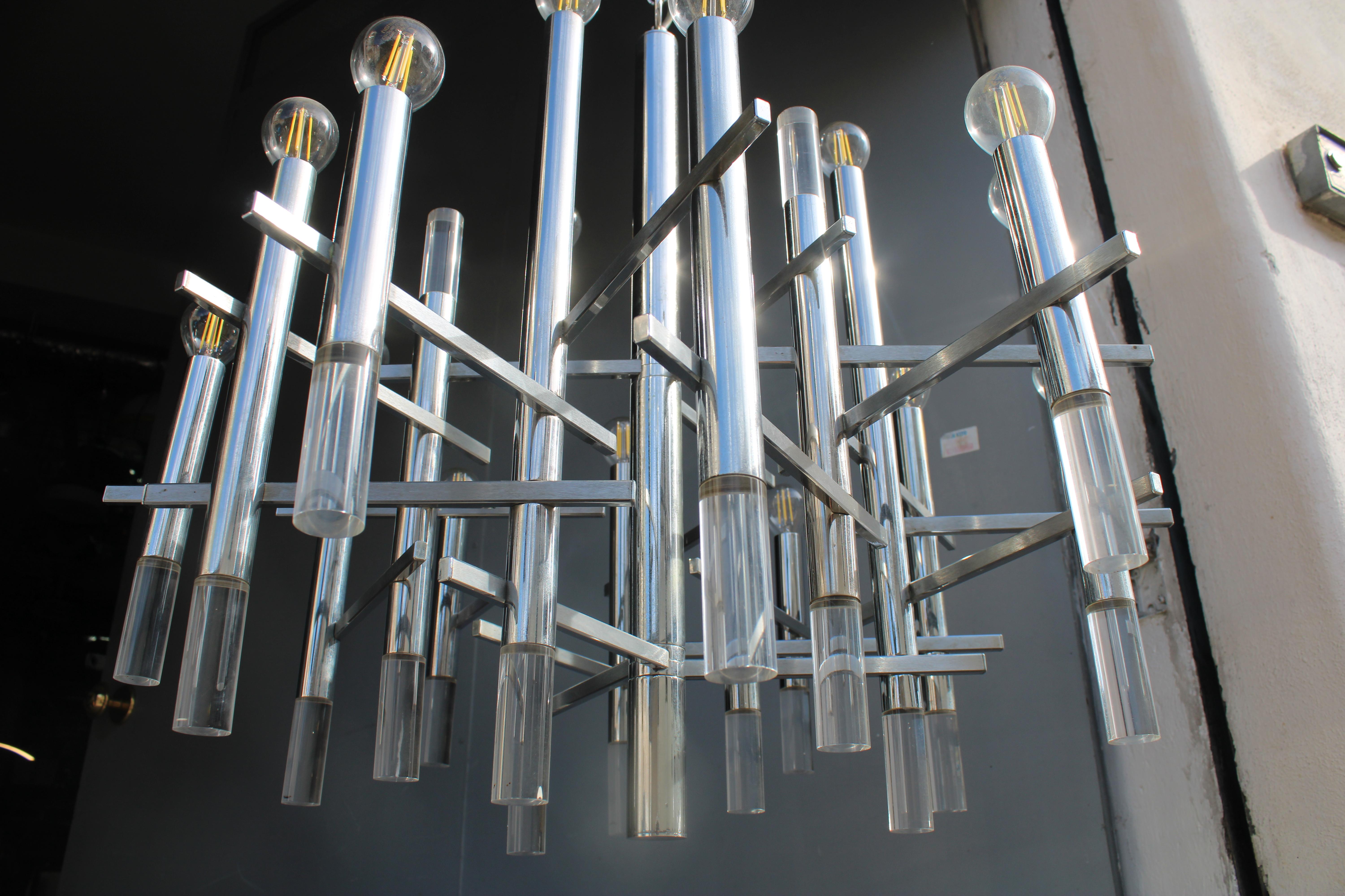 Lampadario Sciolari in Acciaio e Plexiglass 1970 Italia Minimalista Design en Bueno estado para la venta en Palermo, Sicily