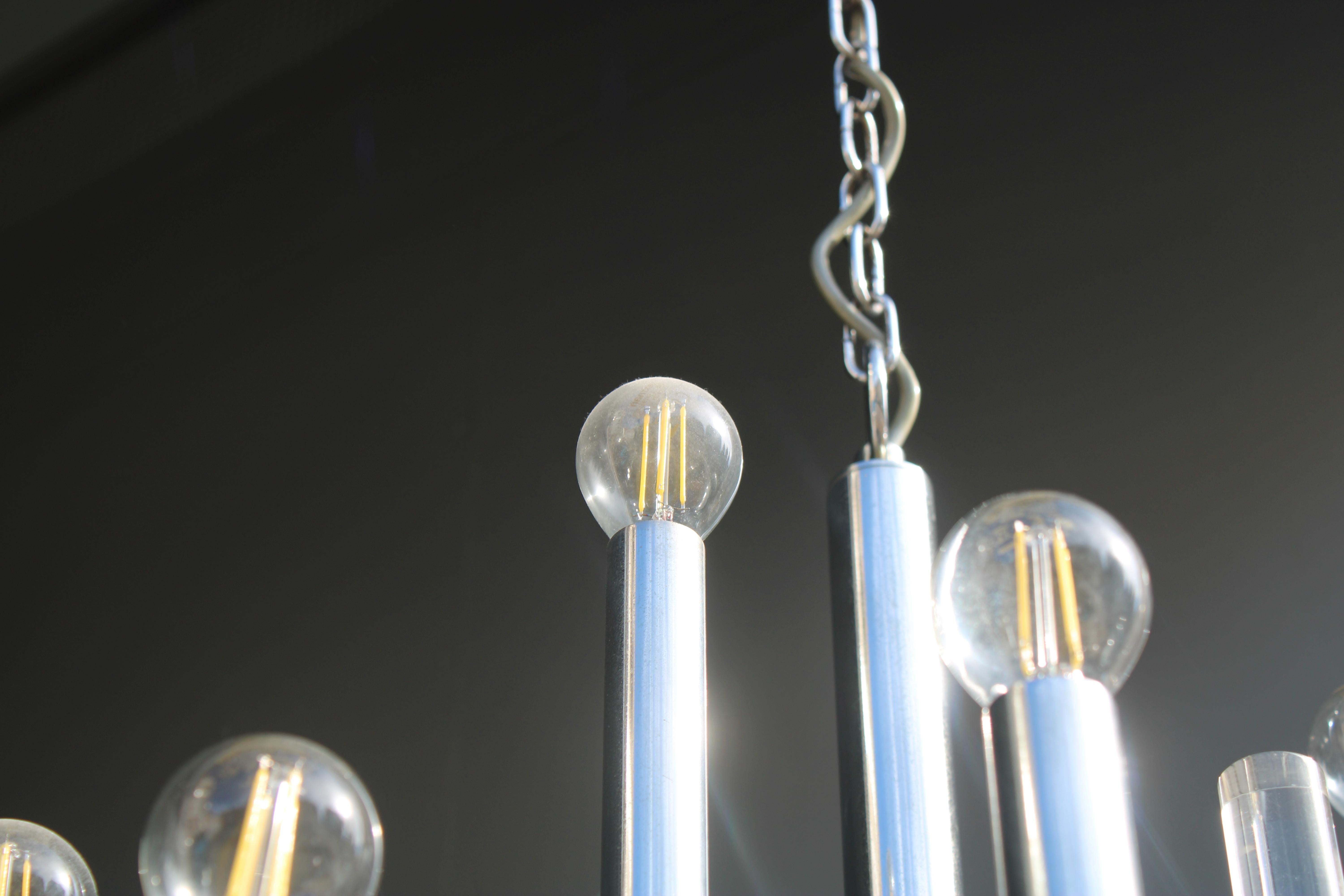 Lampadario Sciolari in Acciaio e Plexiglass 1970 Italia Minimalista Design Cromo en venta