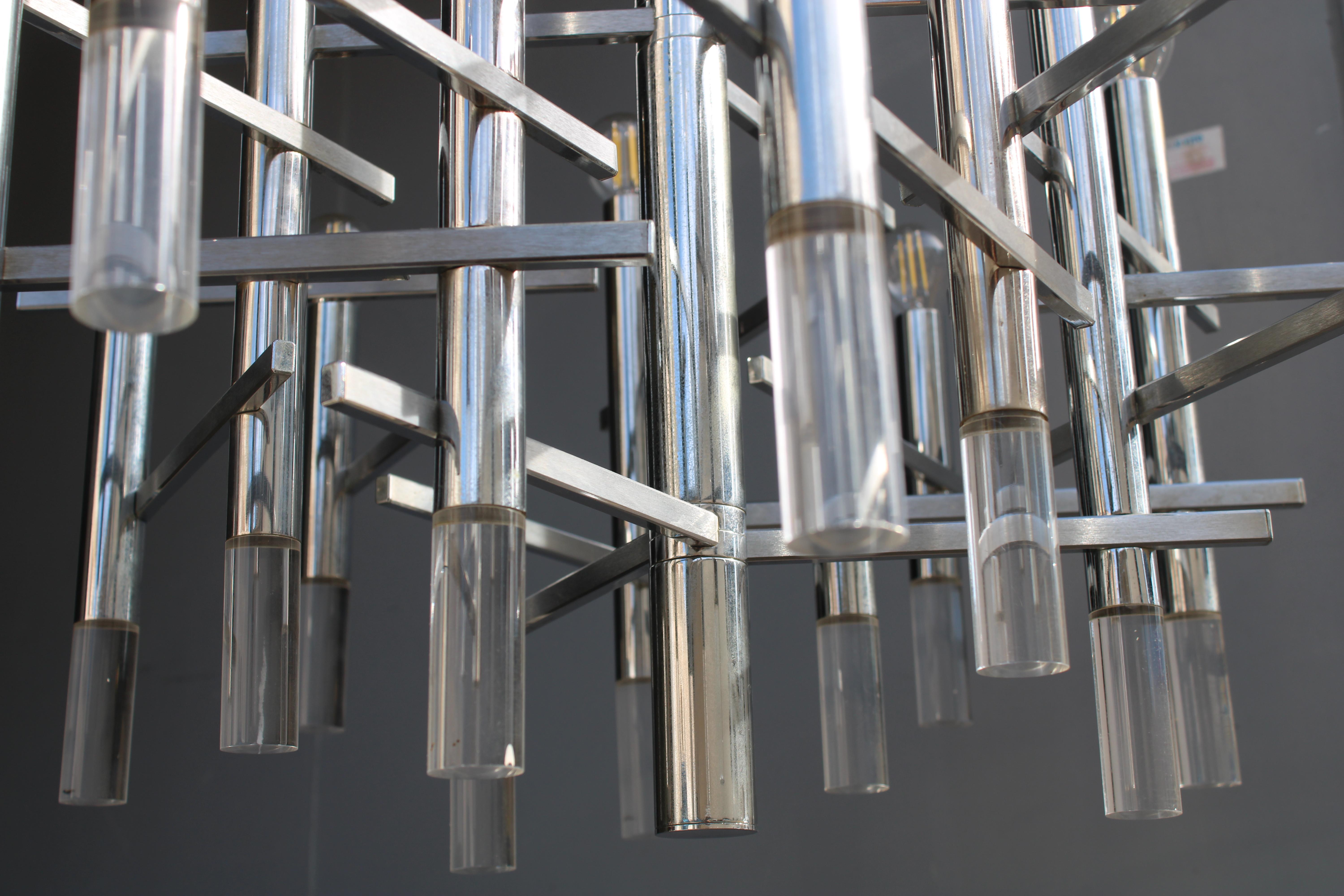 Lampadario Sciolari in Acciaio e Plexiglass 1970 Italia Minimalista Design en venta 2