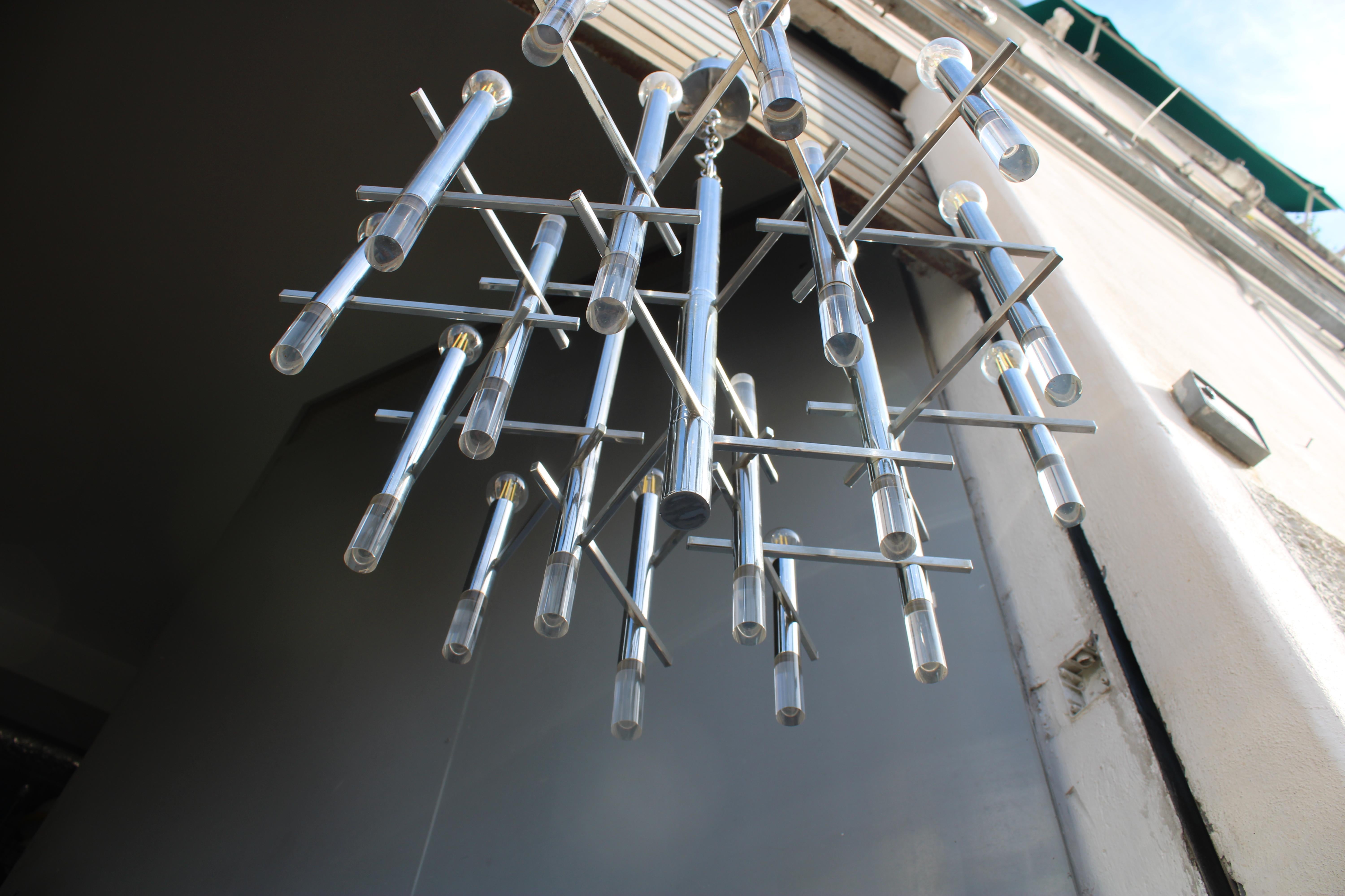 Lampadario Sciolari in Acciaio e Plexiglass 1970 Italia Minimalista Design en venta 3