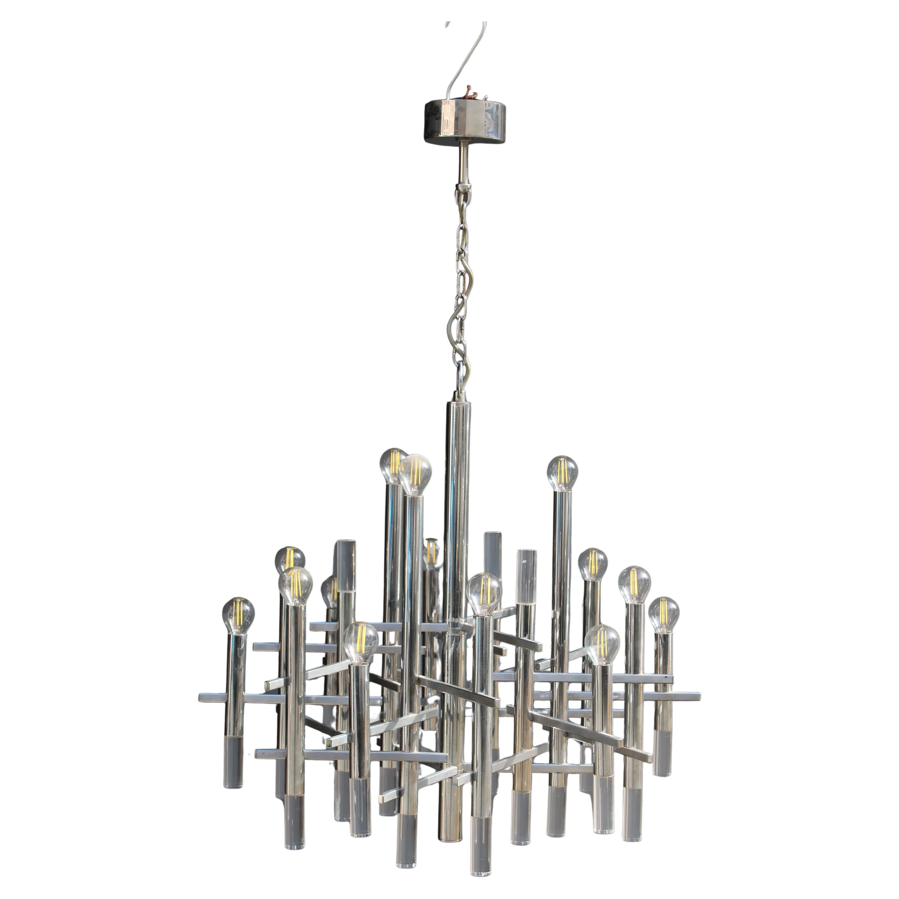 Lampadario Sciolari in Acciaio e Plexiglass 1970 Italia Minimalista Design en venta