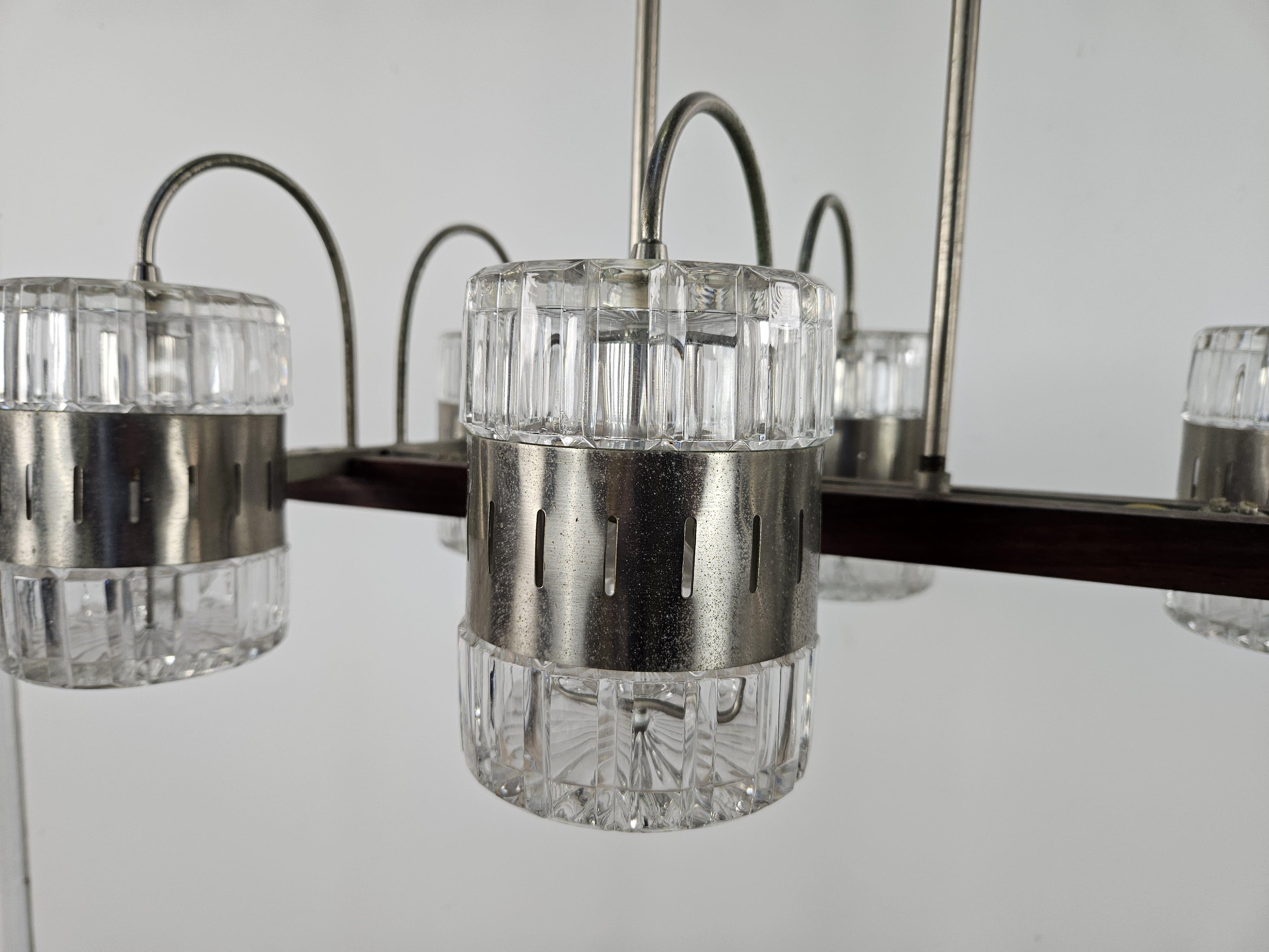 Italian Vintage six-point chandelier in Murano glass and metal, 1970s For Sale