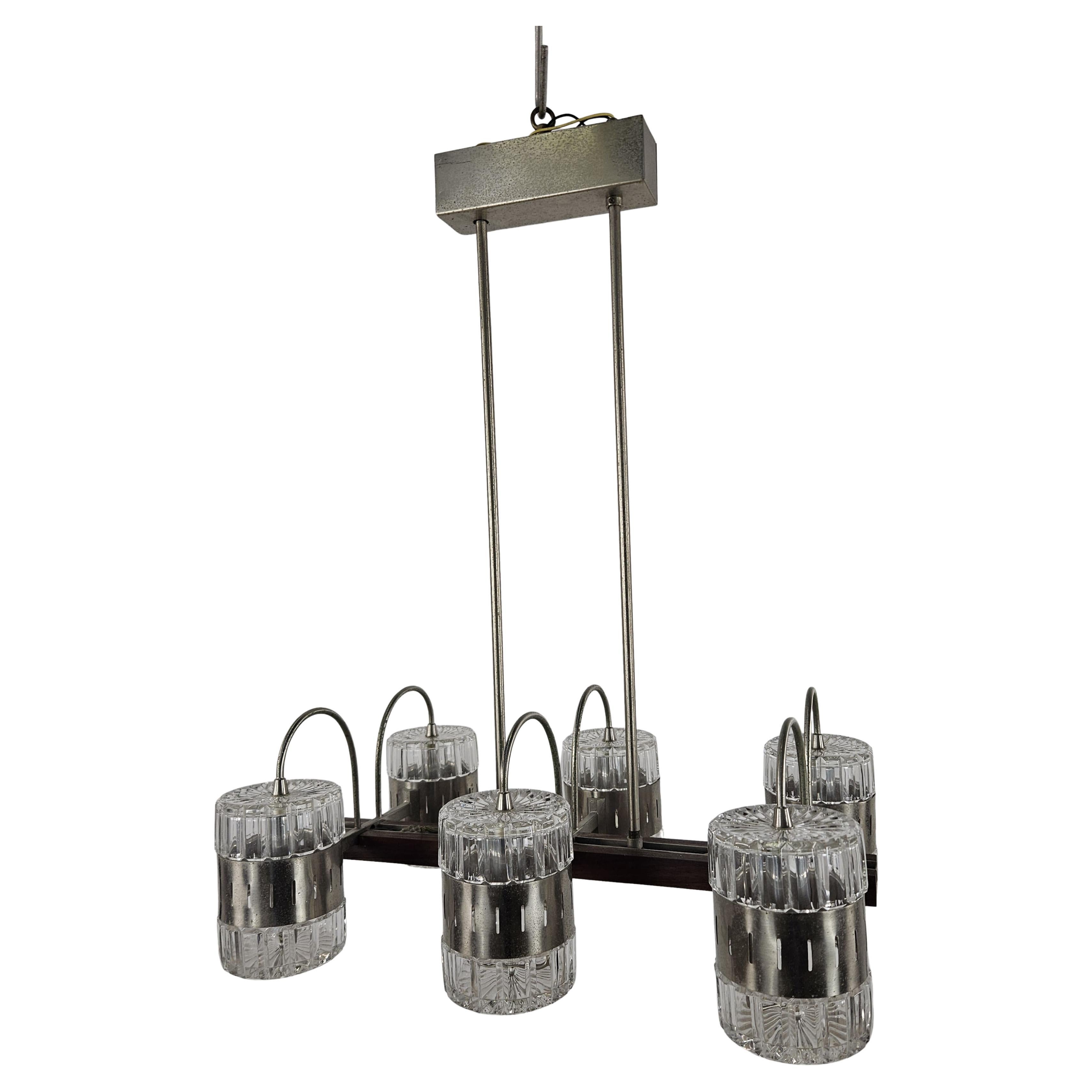 Vintage six-point chandelier in Murano glass and metal, 1970s For Sale