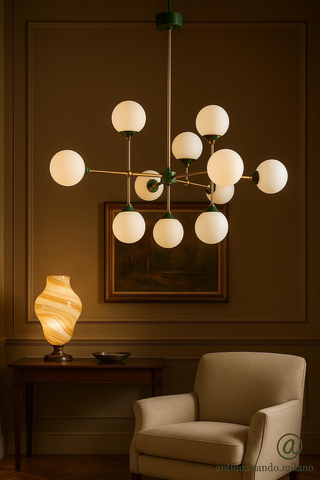 Straordinario lampadario a sospensione prodotto da Stilnovo negli anni ’50, caratterizzato da un’elegante struttura in ottone lucido con finiture verde bosco e diffusori in vetro opalino bianco.
Composto da  sei bracci orizzontali disposti su due