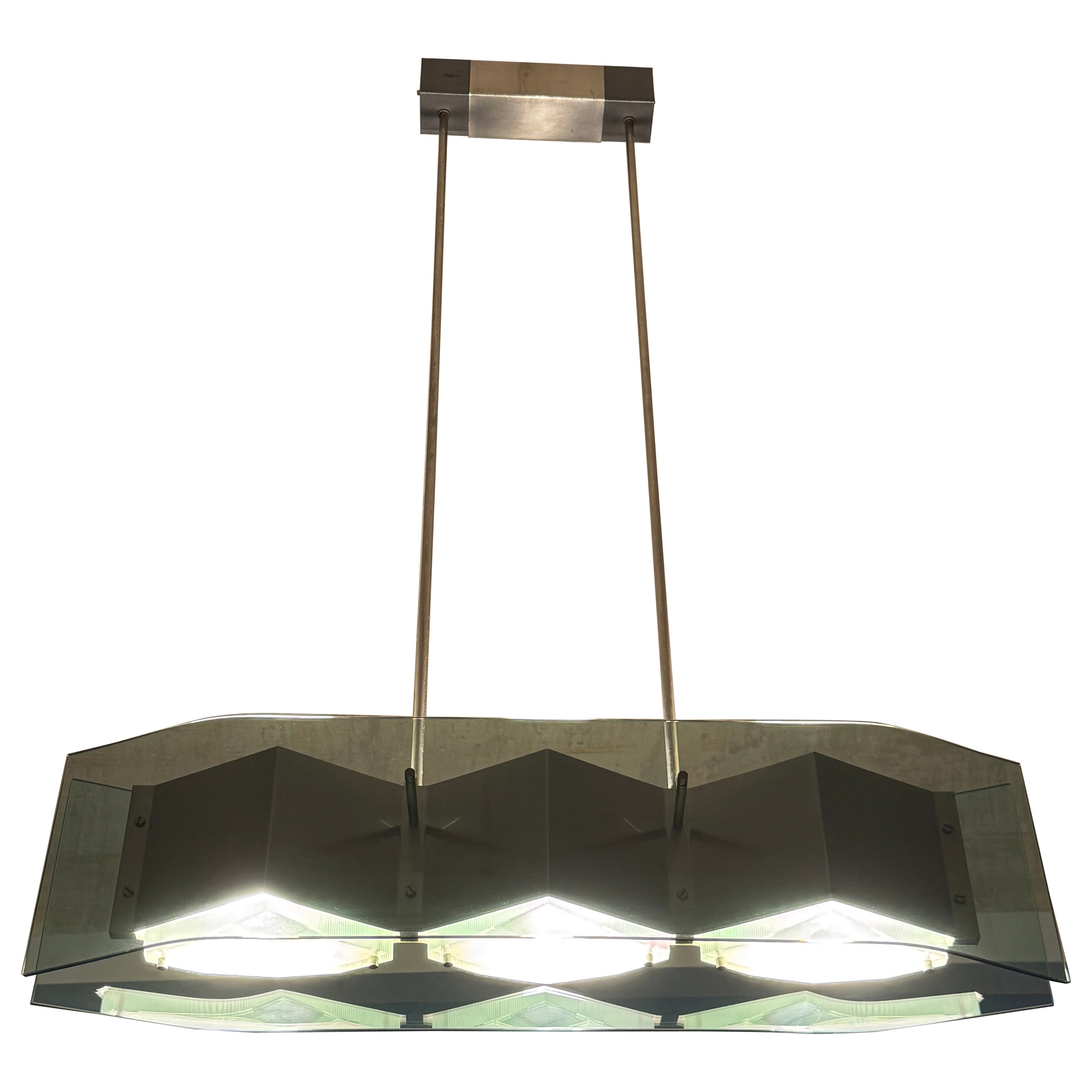 Lampadario Stilnovo Modernista in Acciaio e lenti in vetro Italia 1950