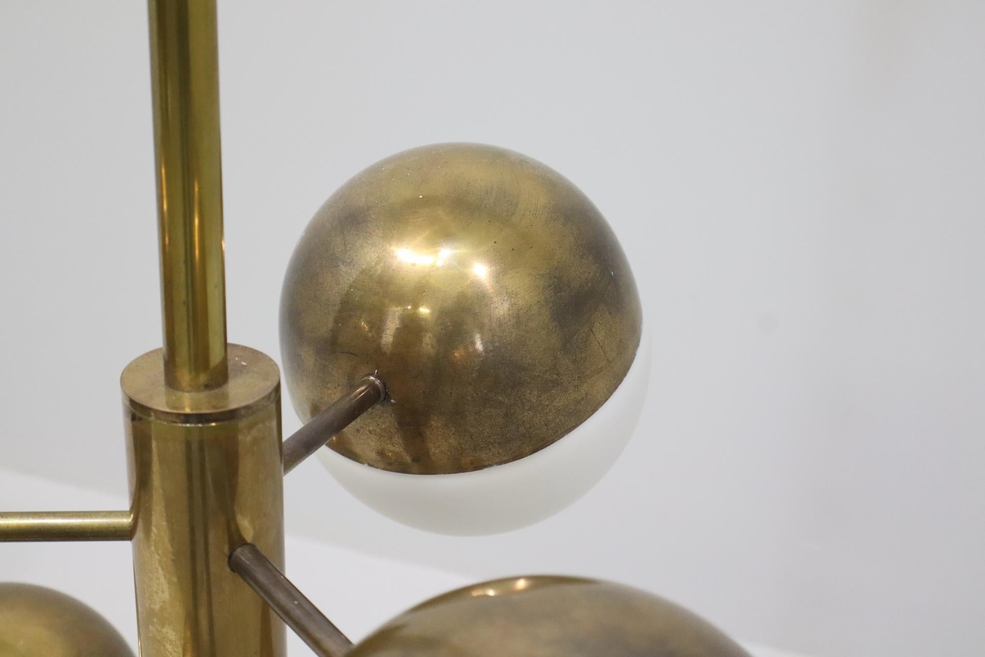 Italian Stilnovo Brass and Opaline Chandelier mod. 1126 For Sale