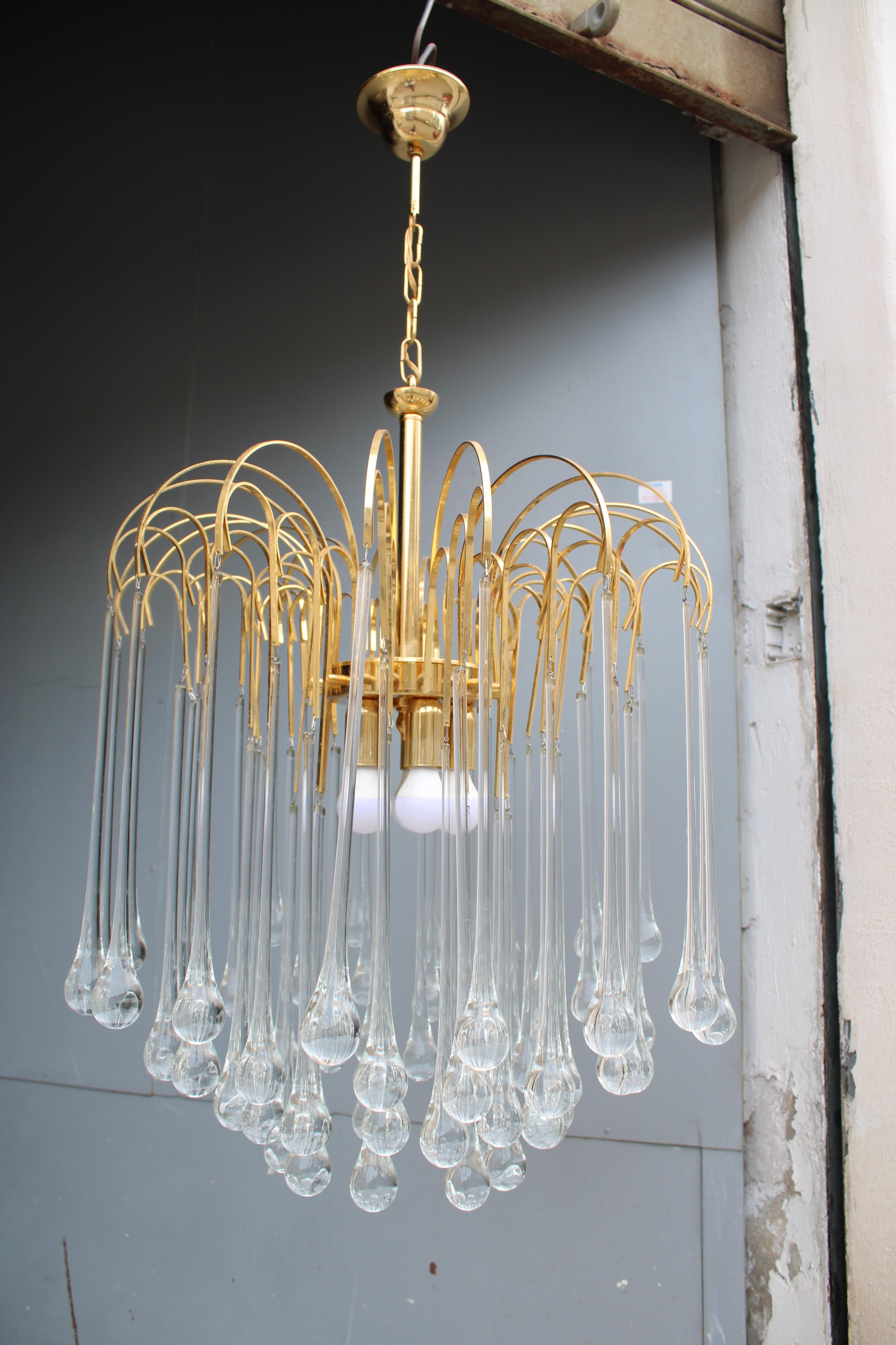 Lampadario struttura Ottone e Gocce in Vetro di Murano Venini 1970 in vendita 2