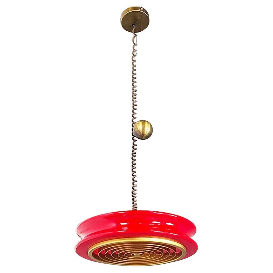 Lampadario tedesco Orion vetro rosso ottone, Schwarz e Staff, Staff Leuchen 1960