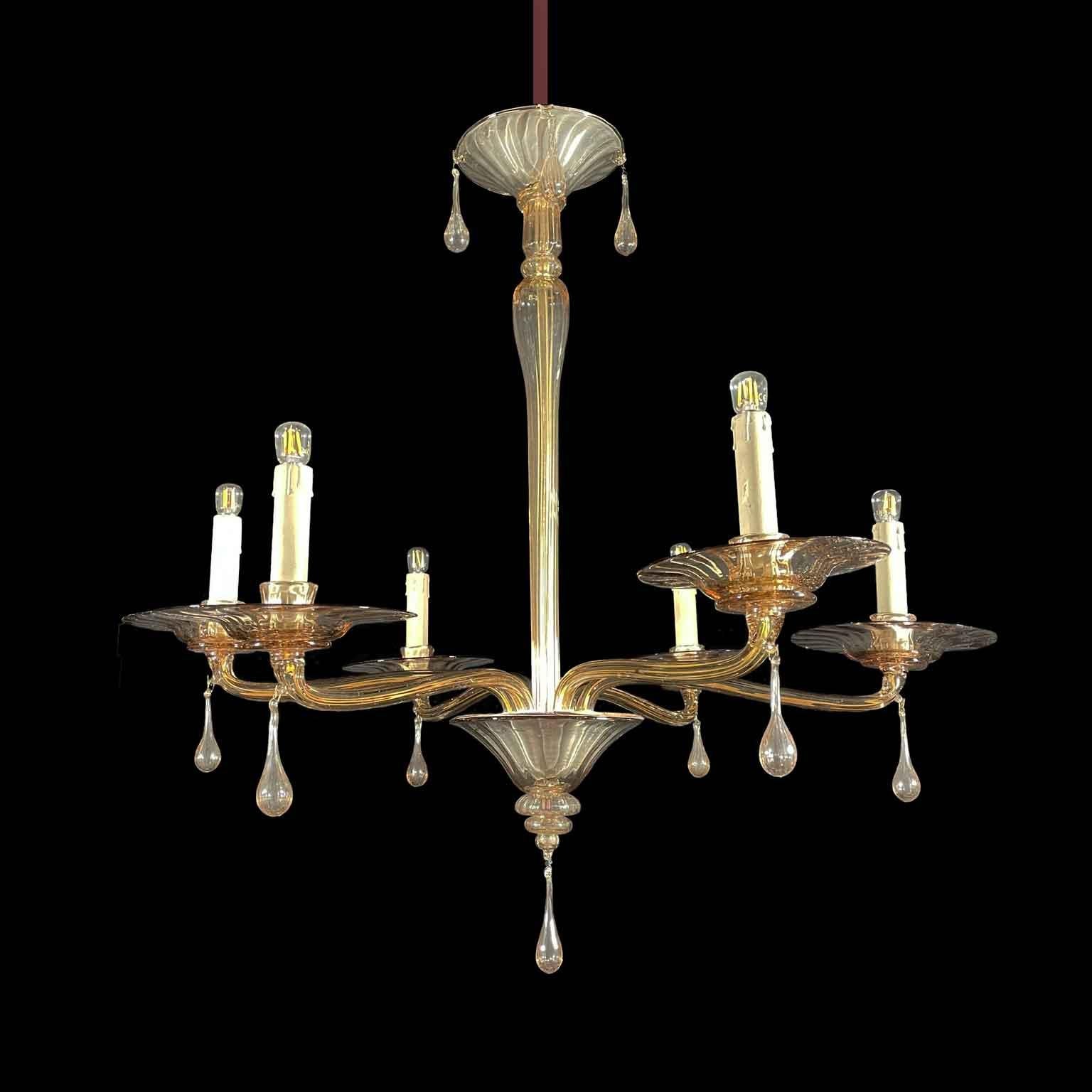 Blown Glass Chandelier Twenties with six arms in light mink color in perfect condition. Elegant Art Deco Venetian chandelier made of blown glass with a soft smoky amber hue in very light taupe, a warm color that embraces brown and taupe tones,with