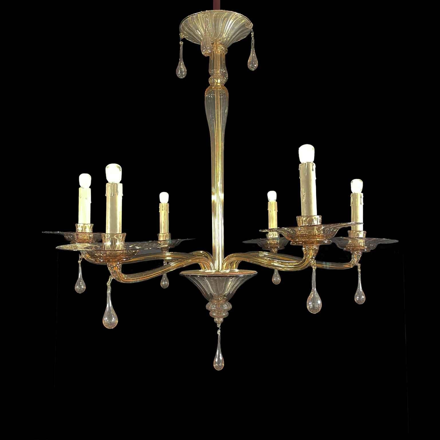 Art Deco 1920 Venetian Glass Murano Glass Chandelier Amber Color Smoked with Six Arms For Sale