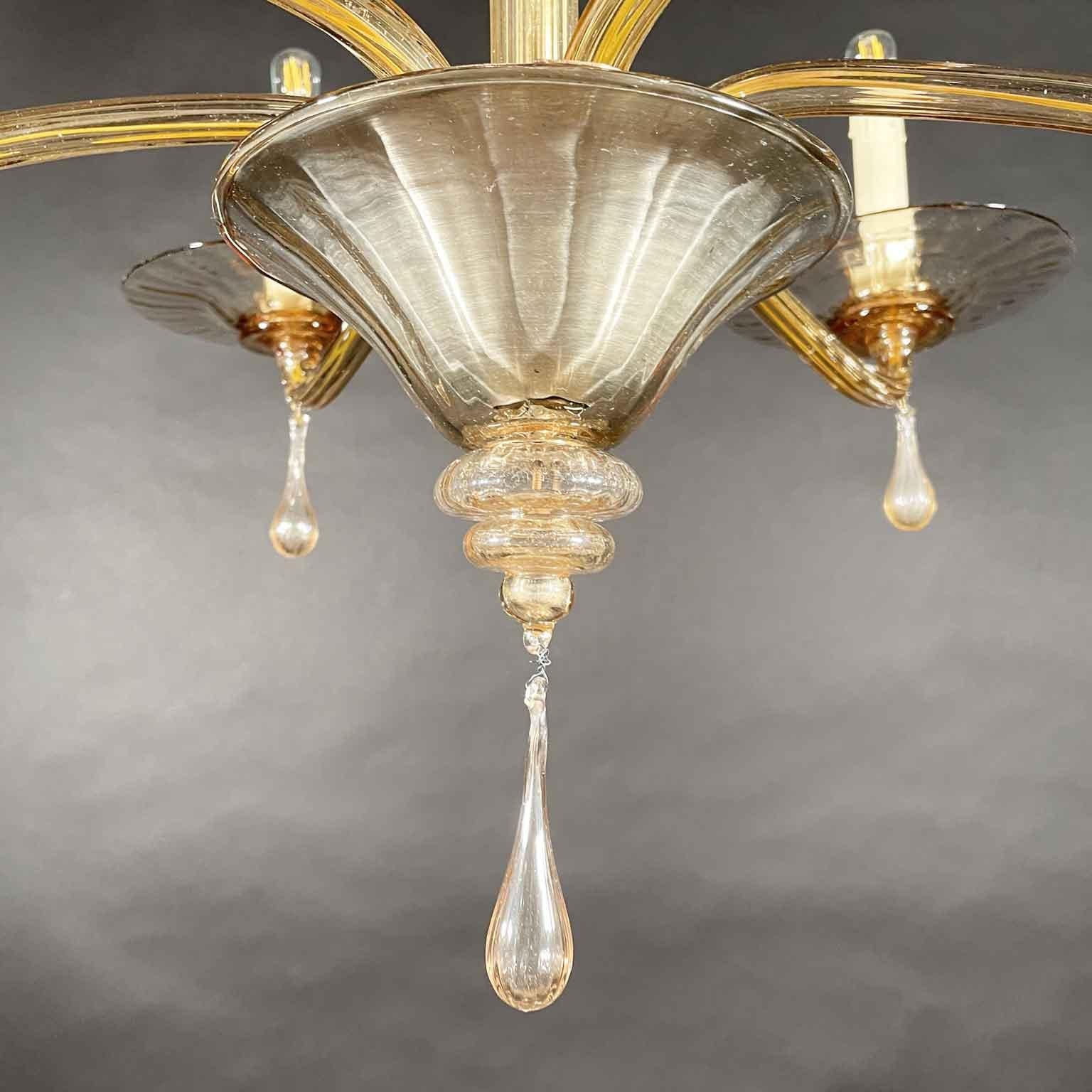 Italian 1920 Venetian Glass Murano Glass Chandelier Amber Color Smoked with Six Arms For Sale