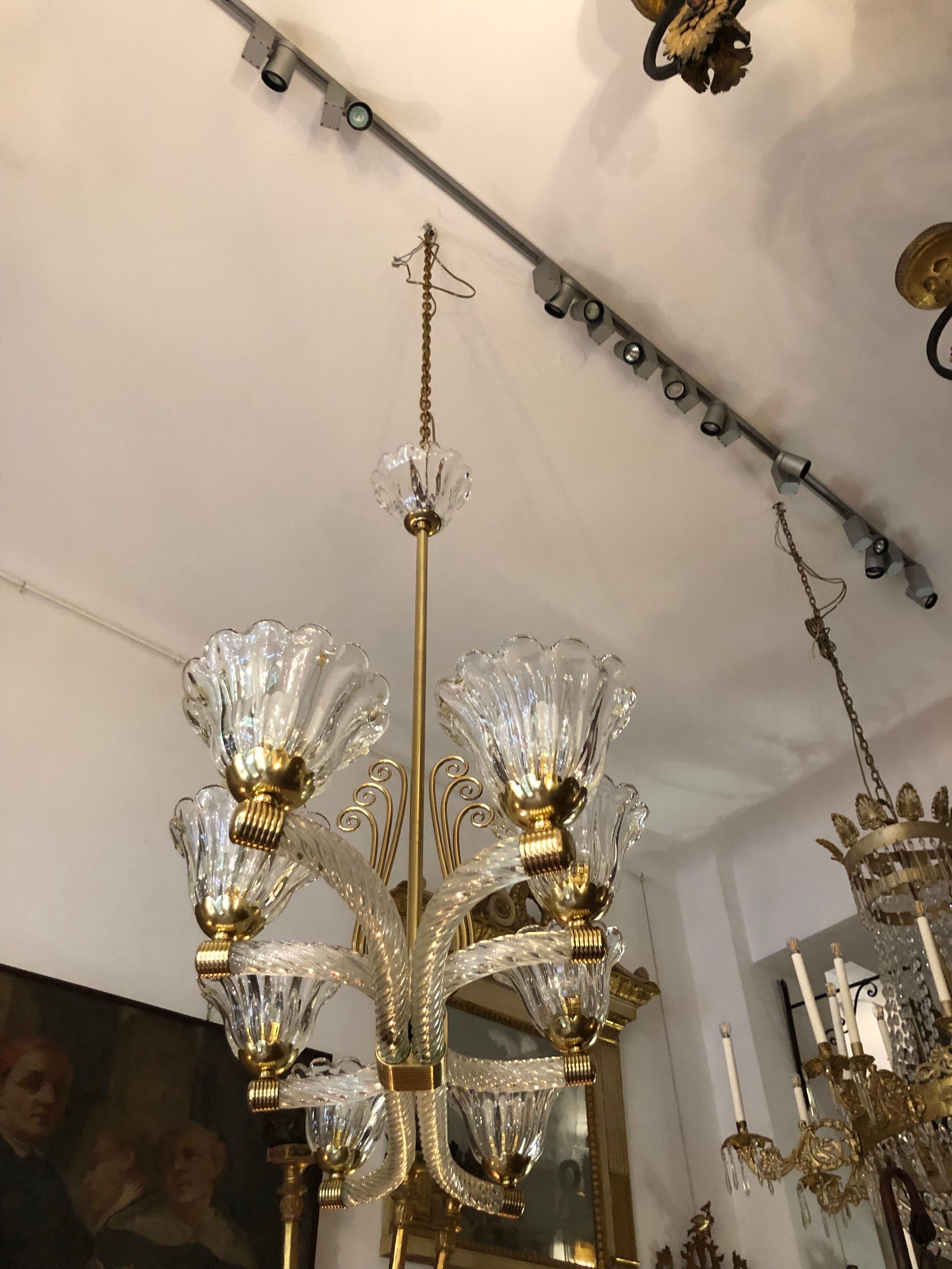Lampadario Veneziano Barovier a Otto Luci in Vetro di Murano Art Deco XX Secolo in vendita 4